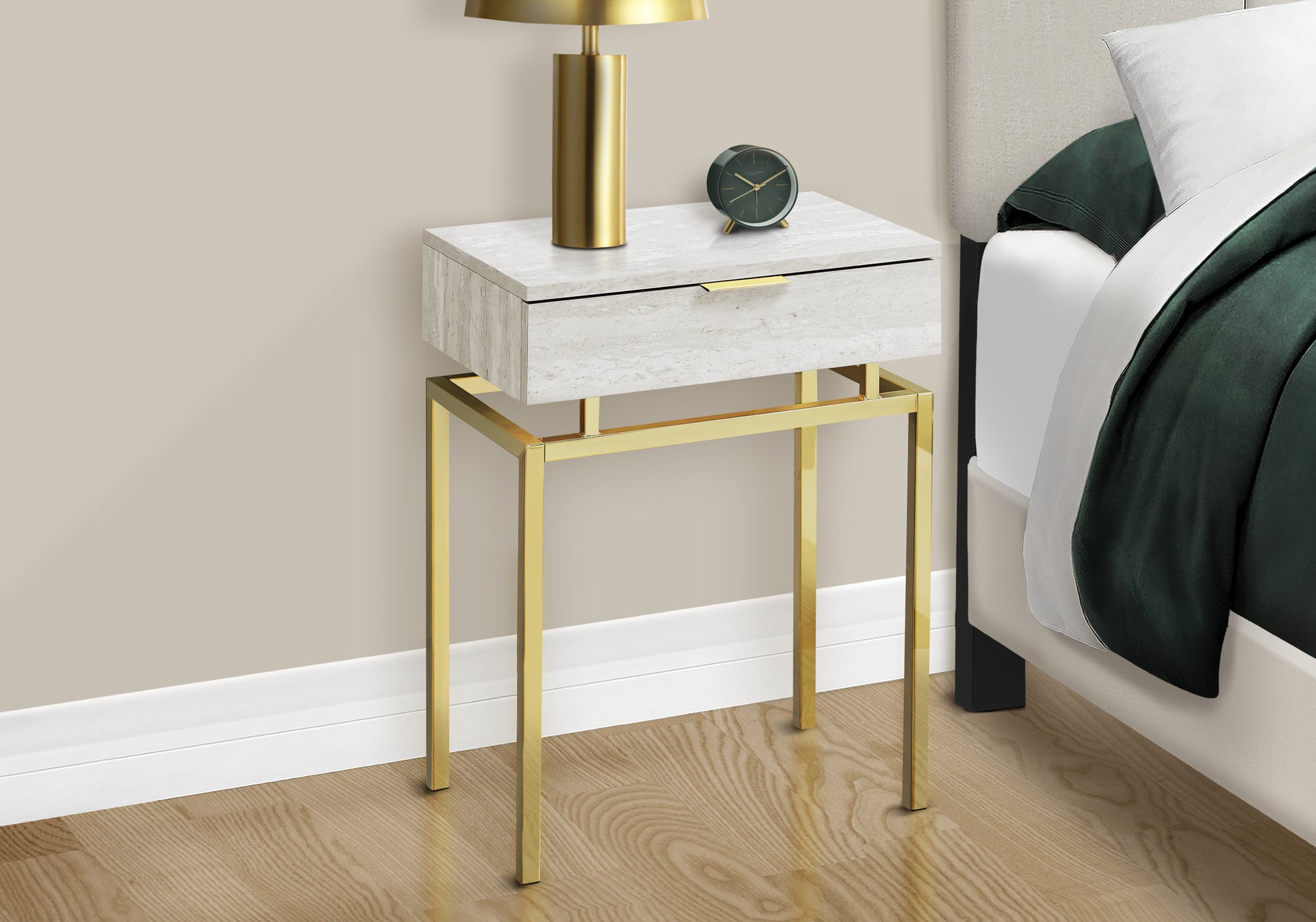 Modern gold frame nightstand with light travertine drawer and brass pull