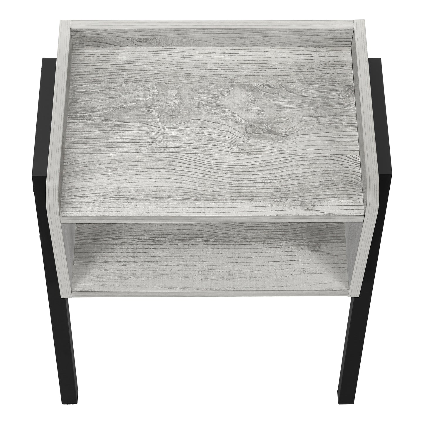 Modern gray wood grain end table with two shelves and black metal legs