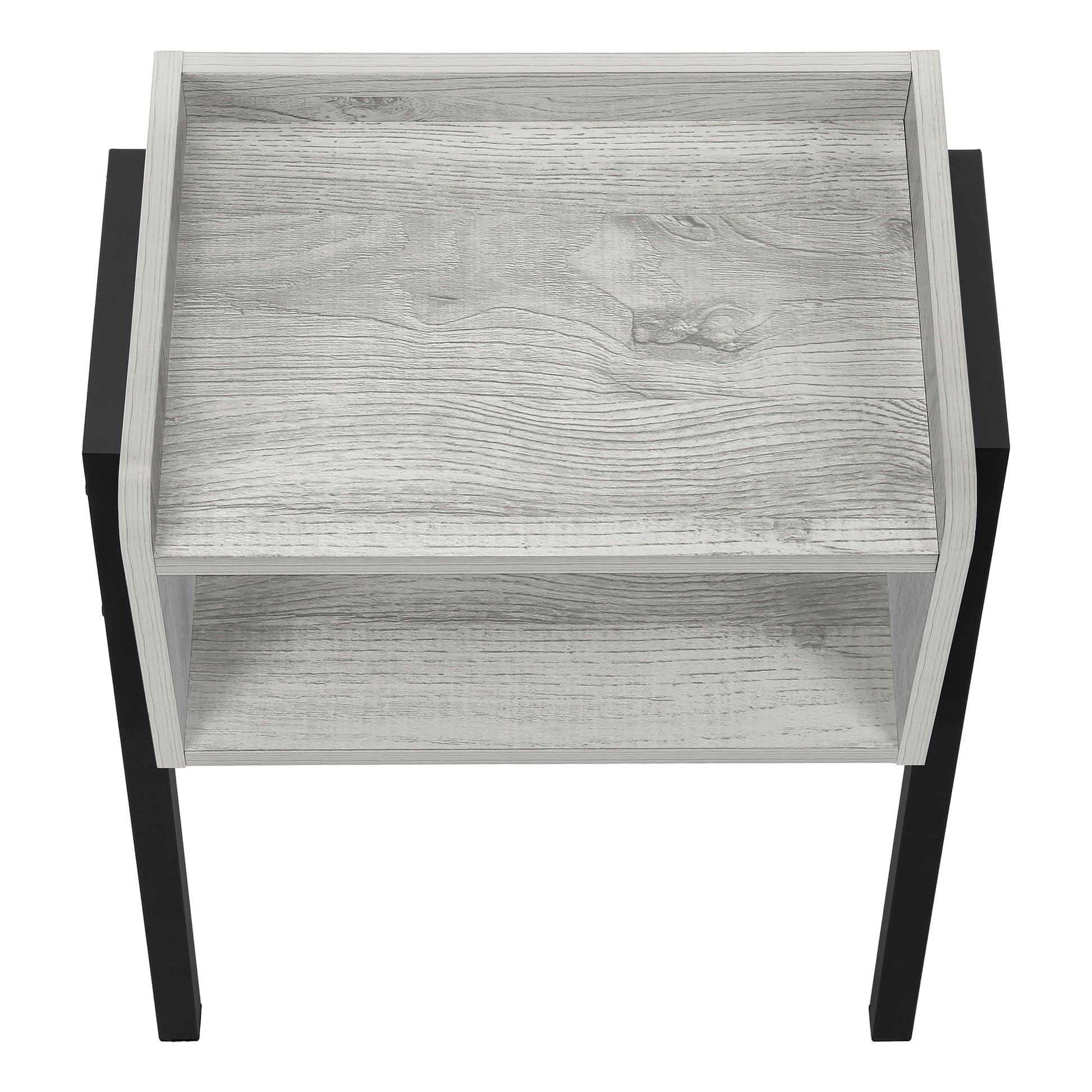 Modern gray wood grain end table with two shelves and black metal legs