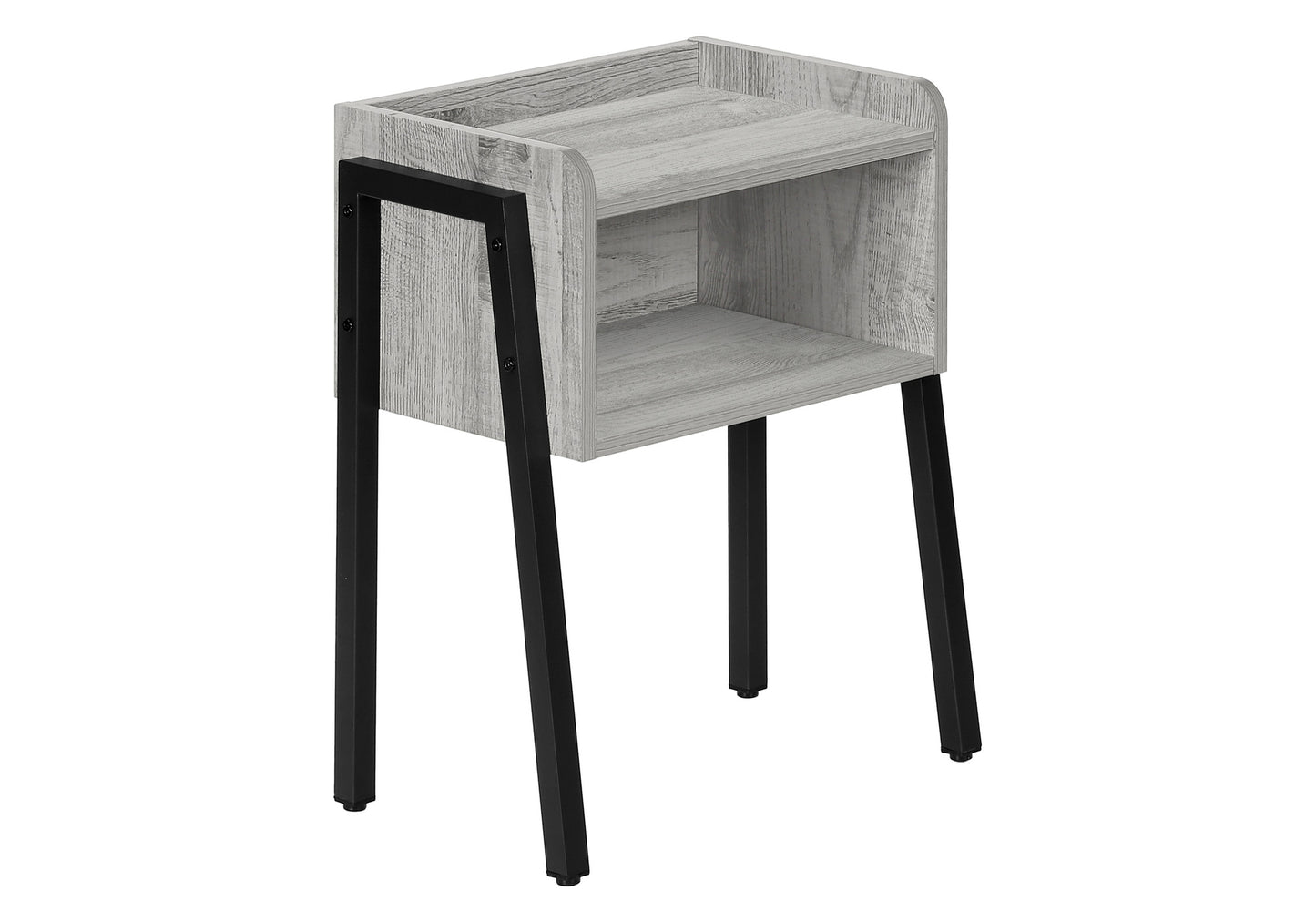 Gray wood grain bedside table with black metal legs and an open shelf