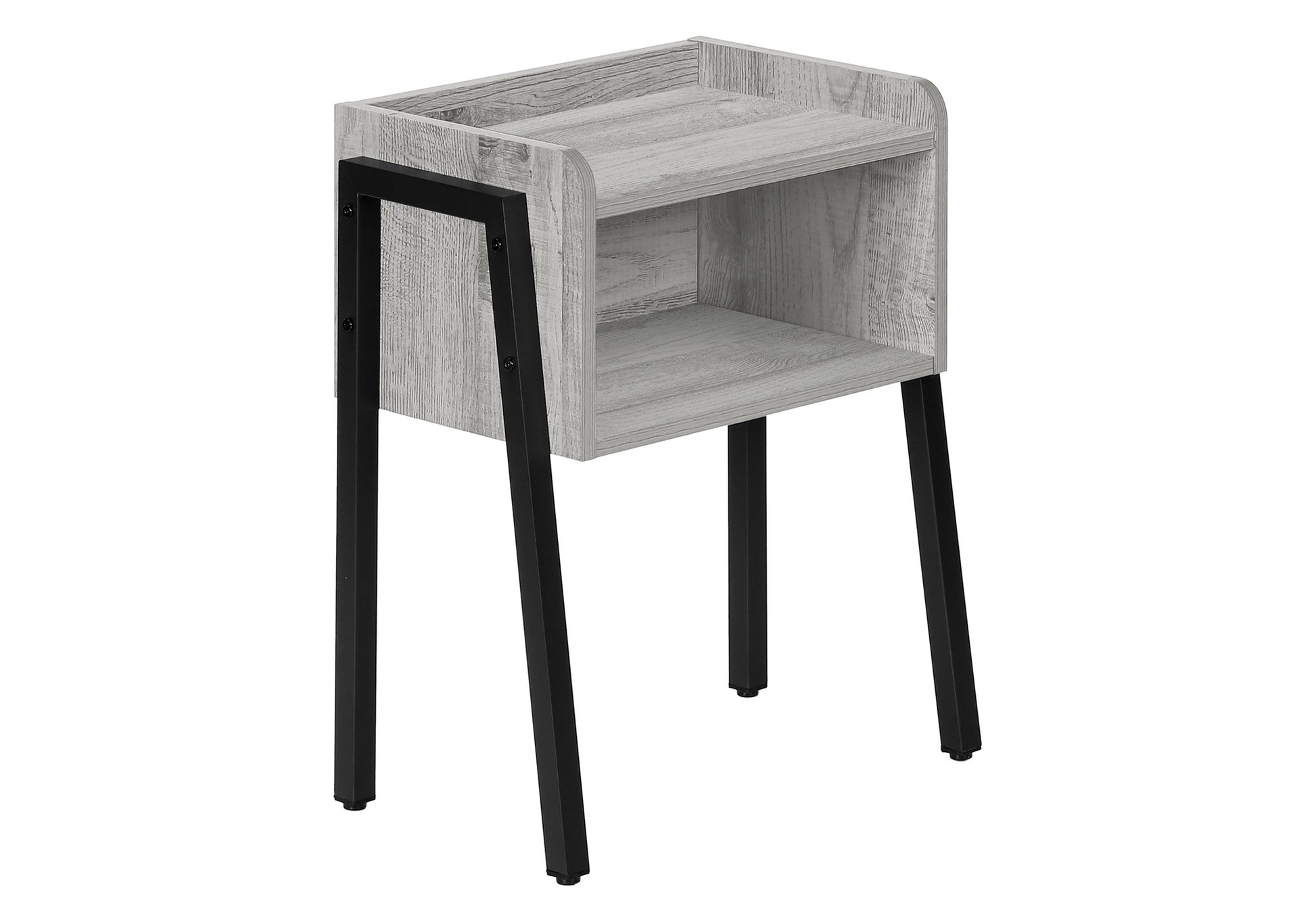Gray wood grain bedside table with black metal legs and an open shelf