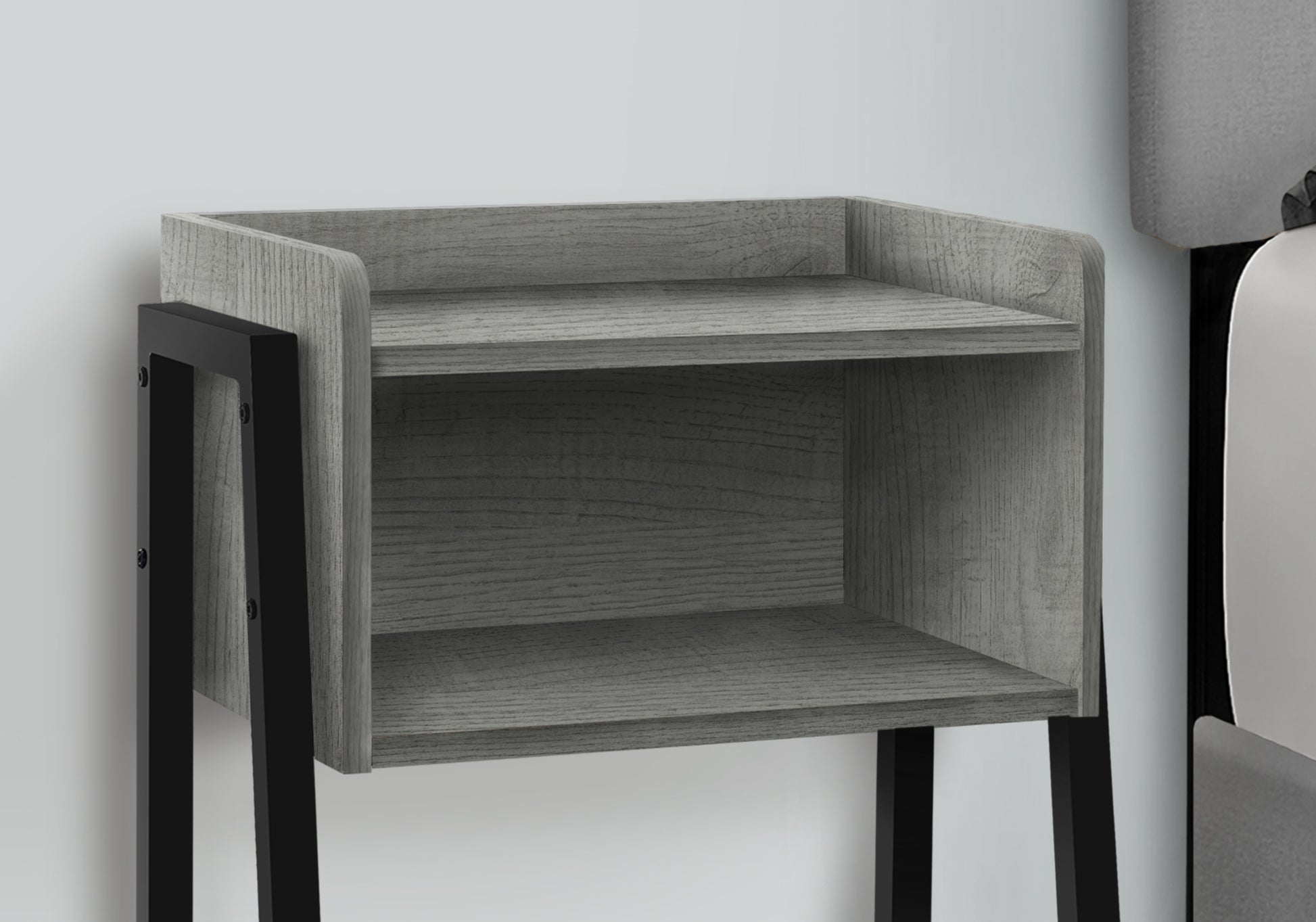 Gray wood bedside table with black metal frame and two open shelves