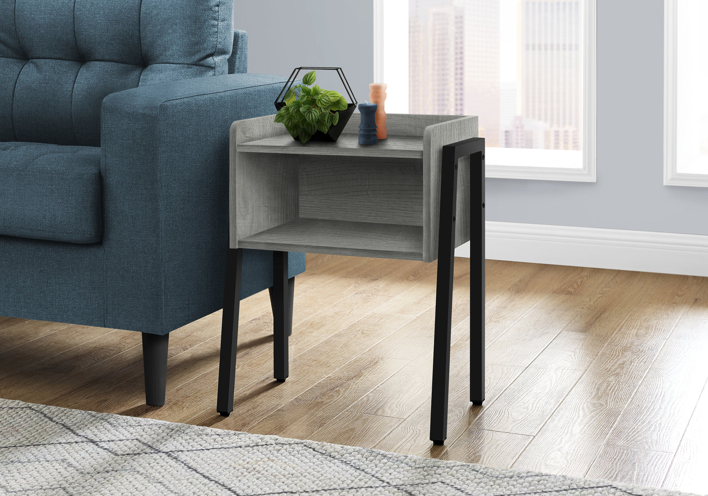 Modern grey wood and black metal end table with two shelves ideal for small spaces