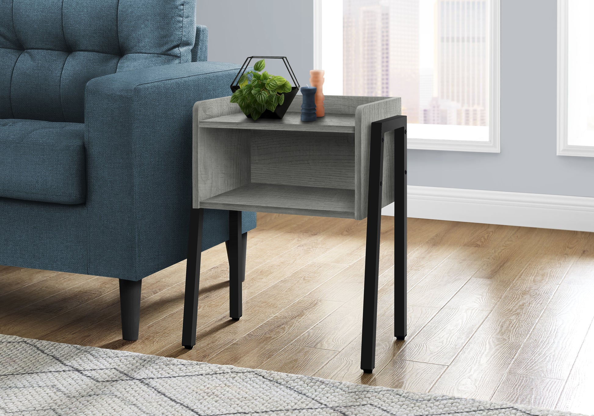 Modern grey wood and black metal end table with two shelves ideal for small spaces