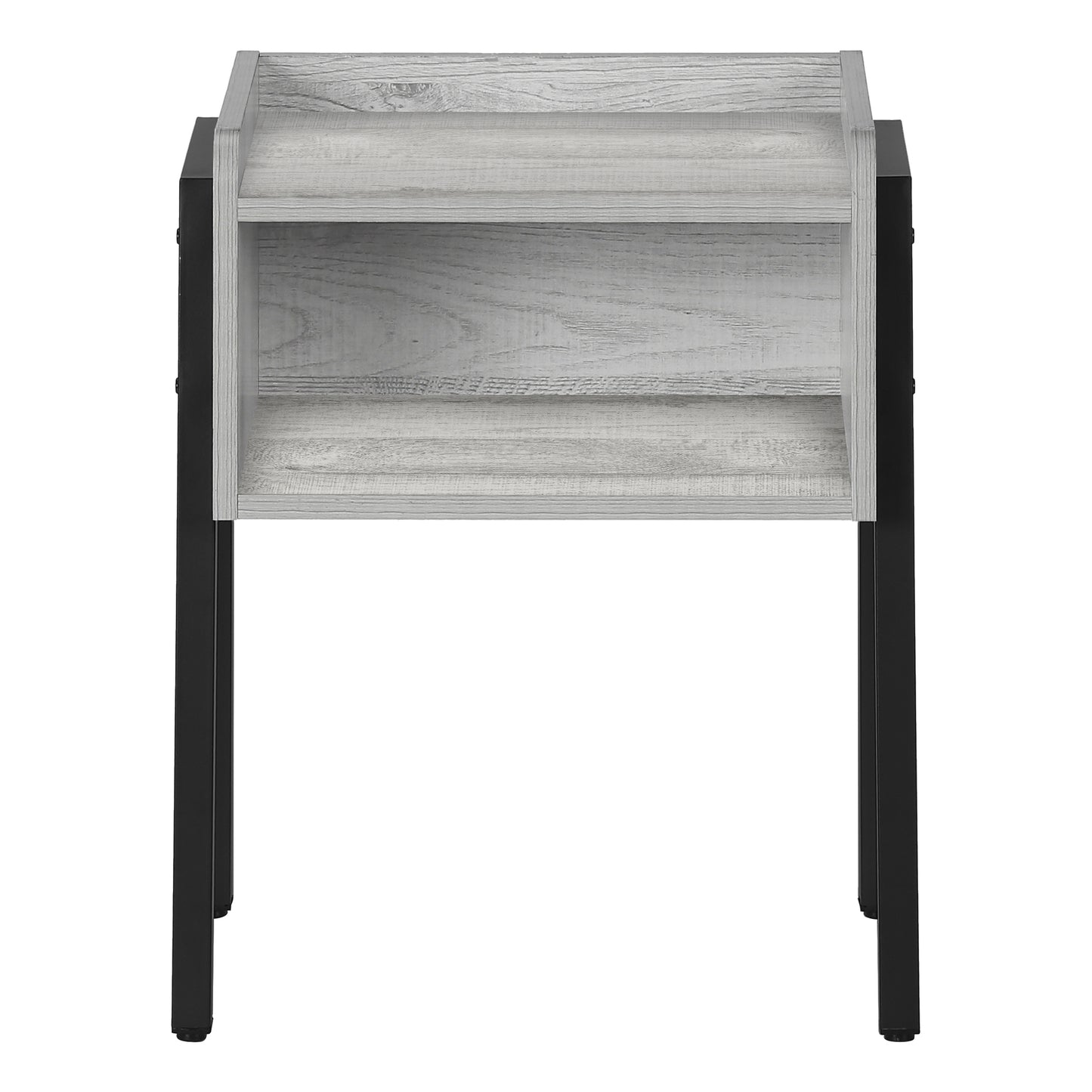 Gray wash wood end table with black metal legs and two open shelves