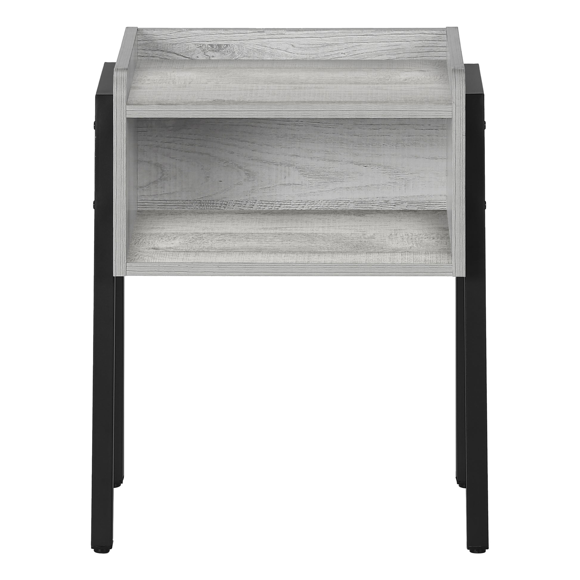 Gray wash wood end table with black metal legs and two open shelves