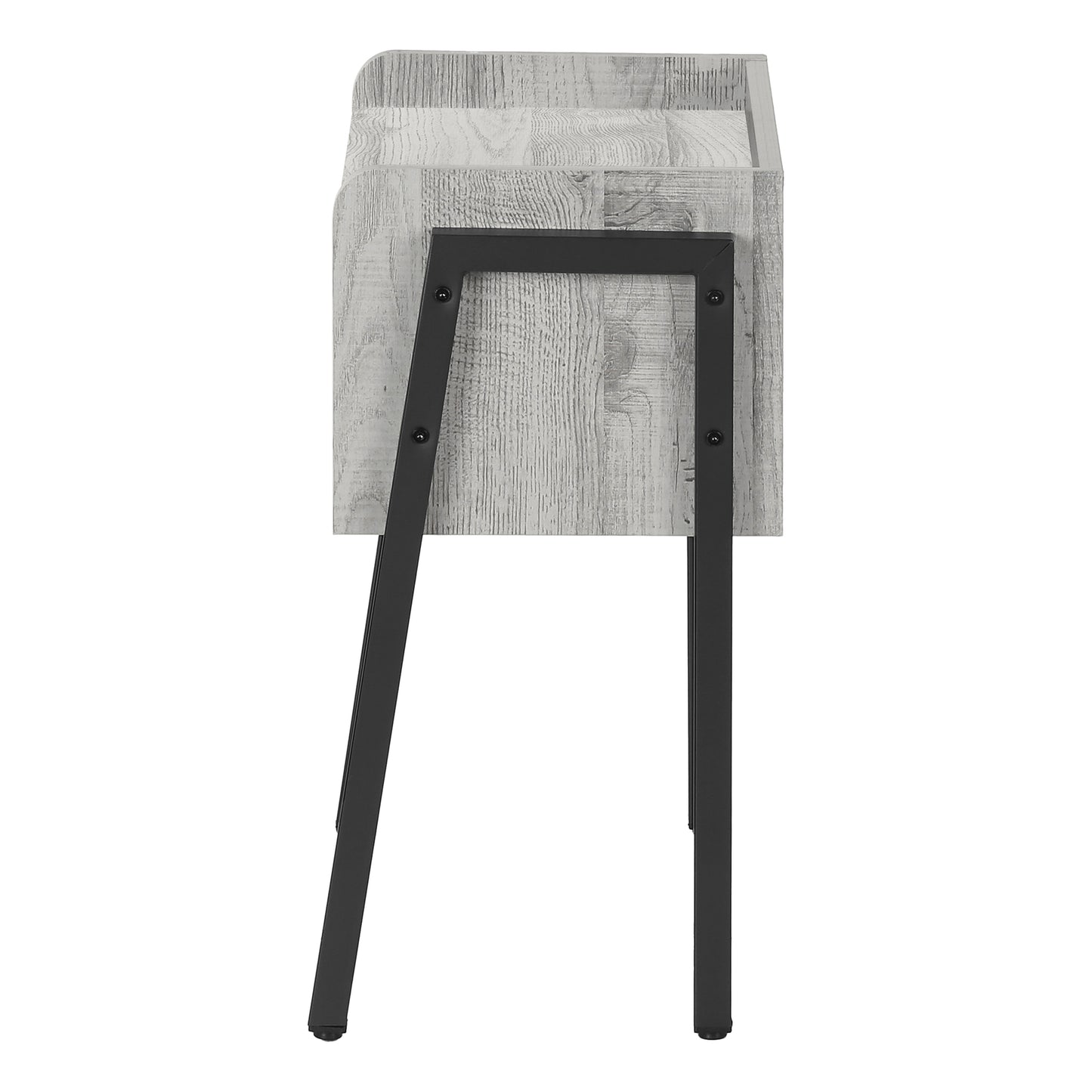 Rustic grey wood grain side table with black metal legs perfect for small spaces