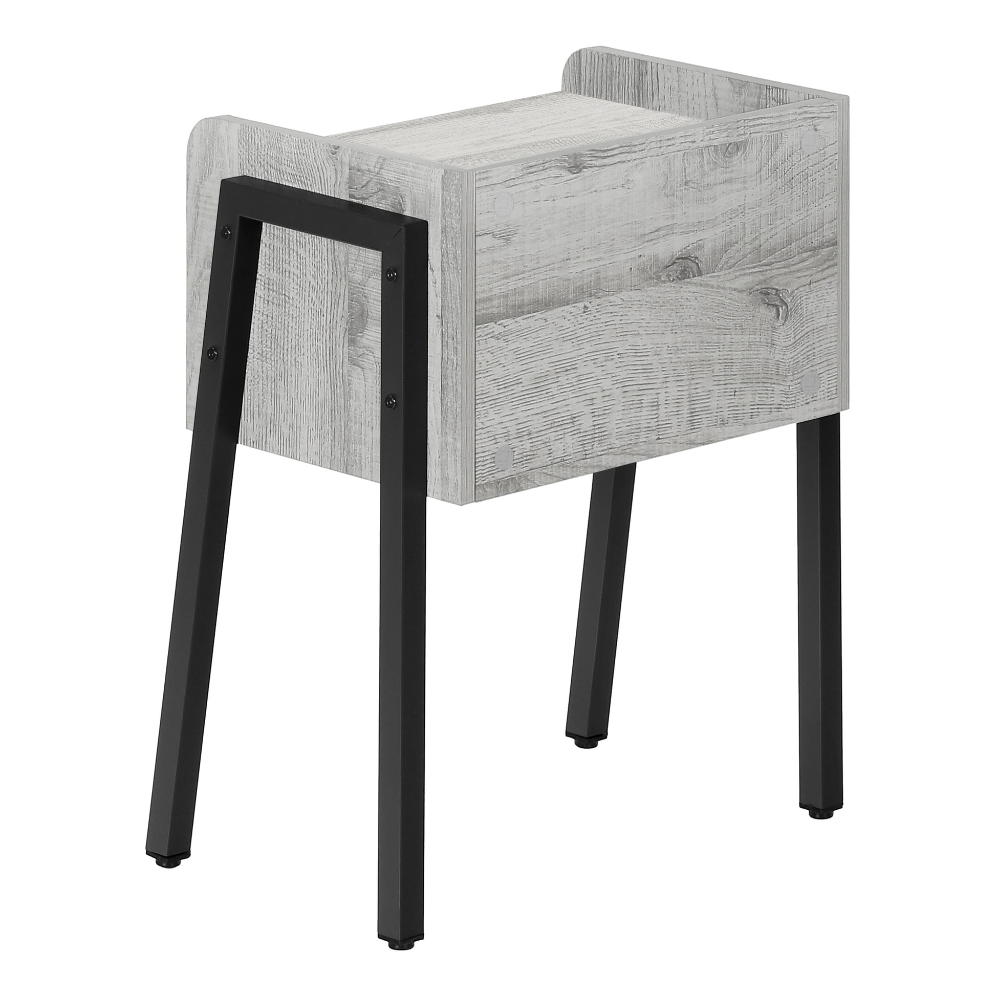 Light gray wood grain side table with black metal legs modern design