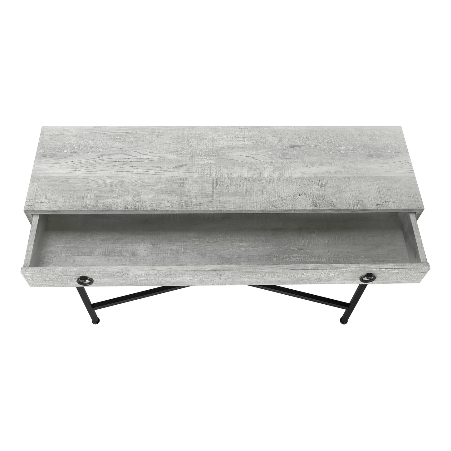 White wood grain coffee table with one open drawer and black metal legs