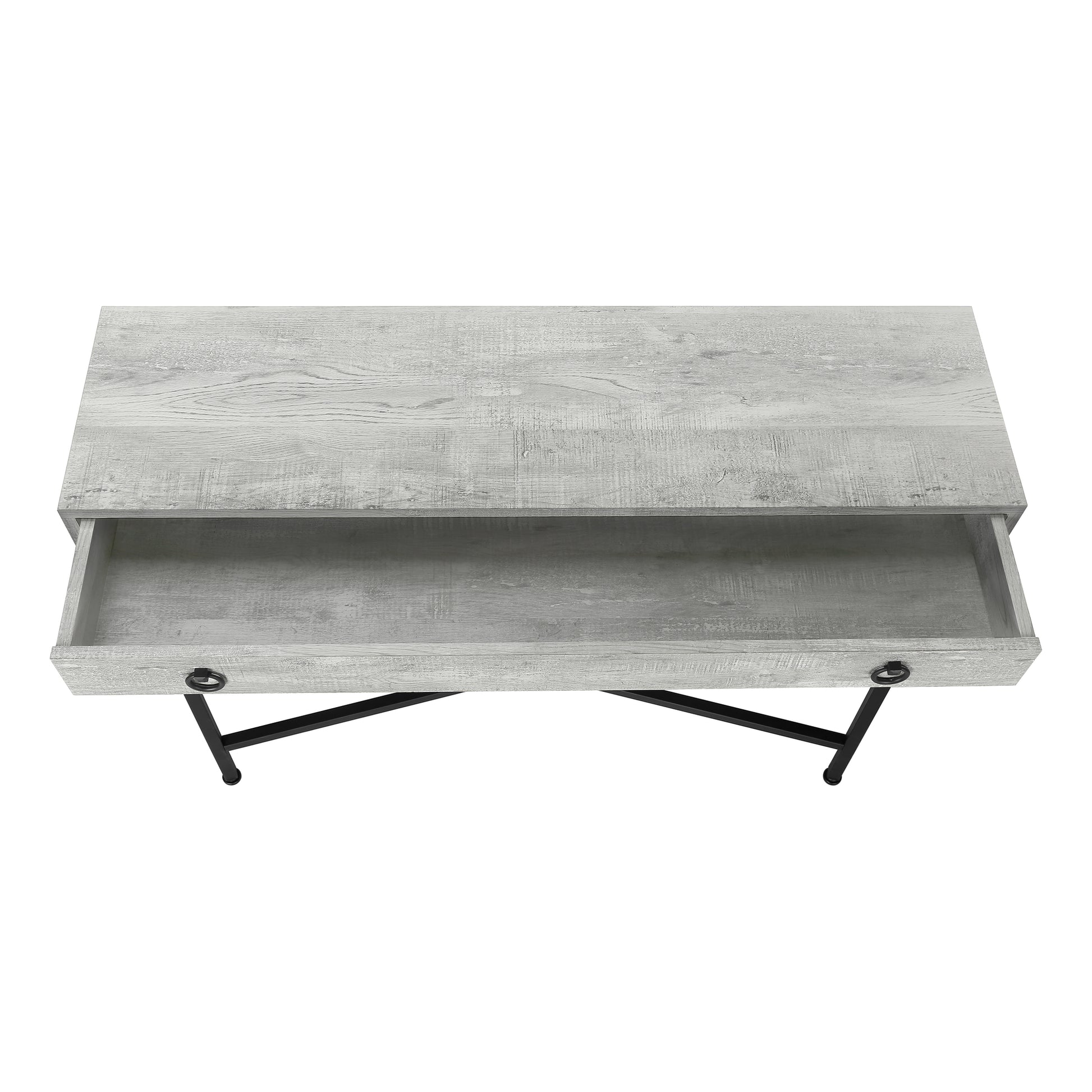 White wood grain coffee table with one open drawer and black metal legs