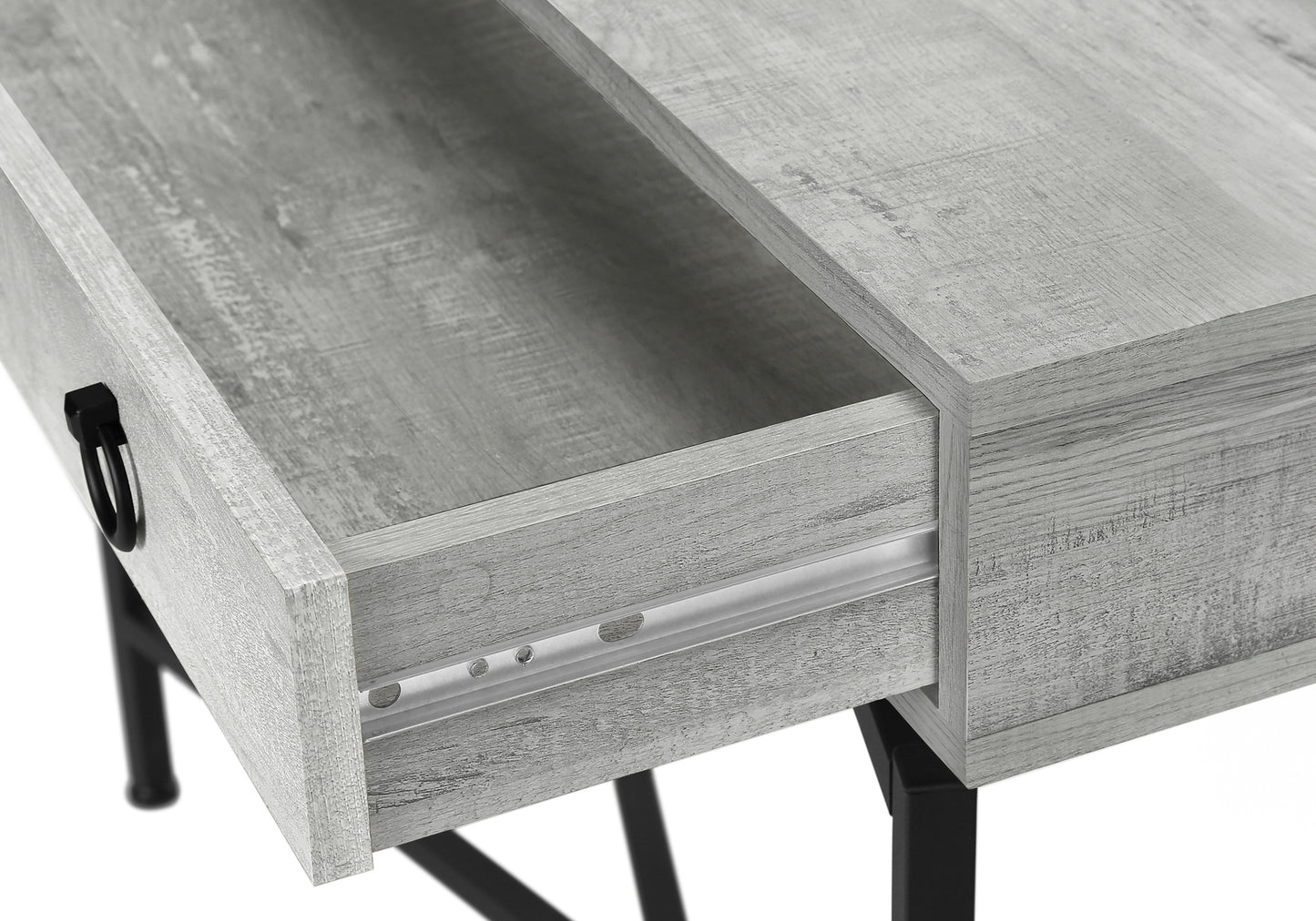 Light grey rustic wood desk drawer with black ring pull showcasing ball bearing slides