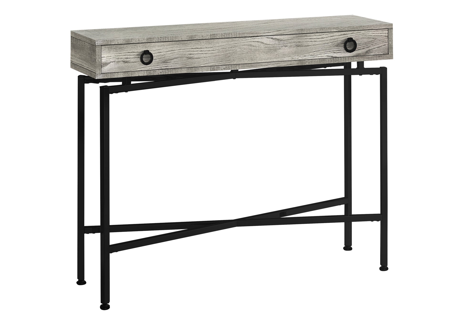 Distressed grey wood top console table with black metal frame and drawer