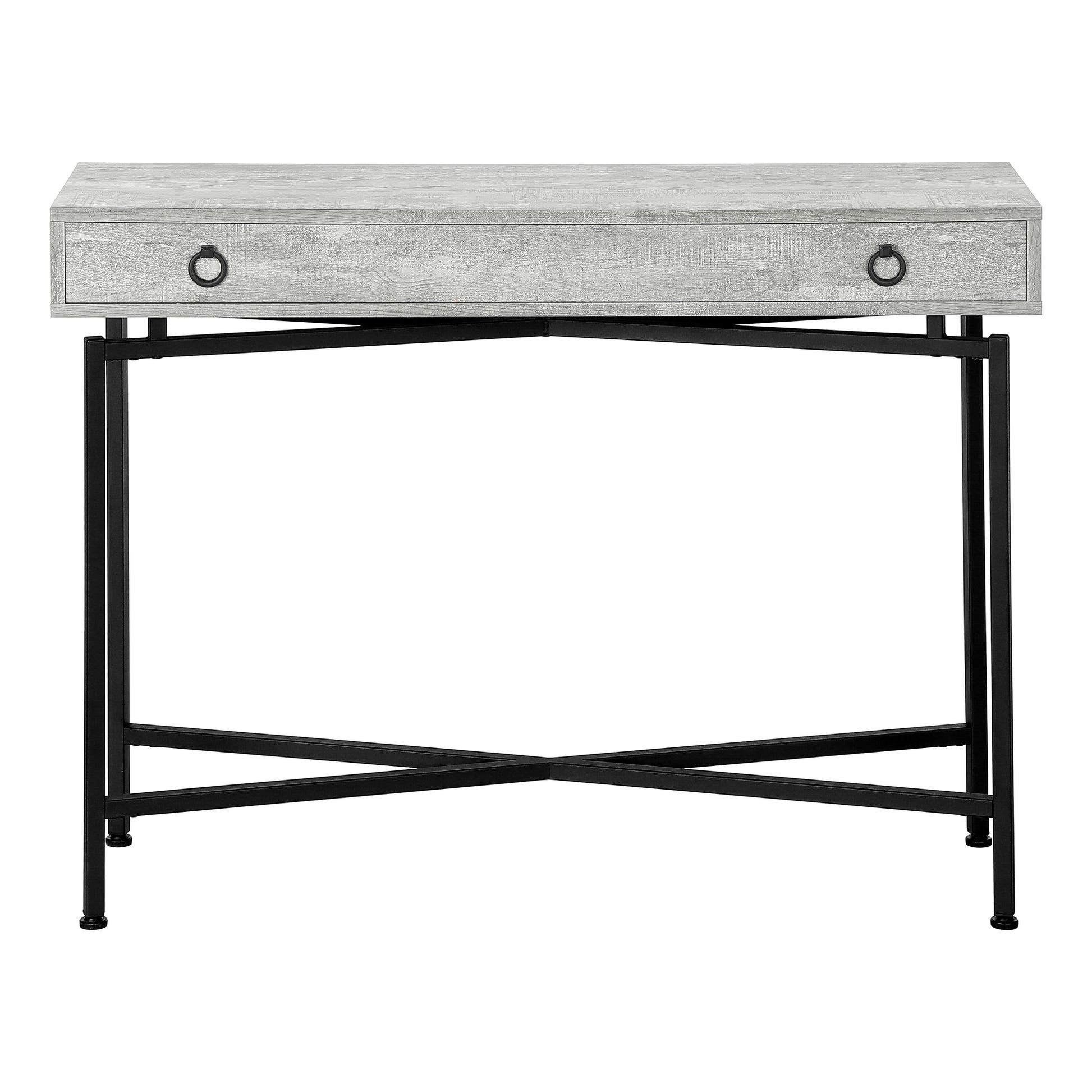 Weathered gray wooden writing desk with one drawer and black metal legs