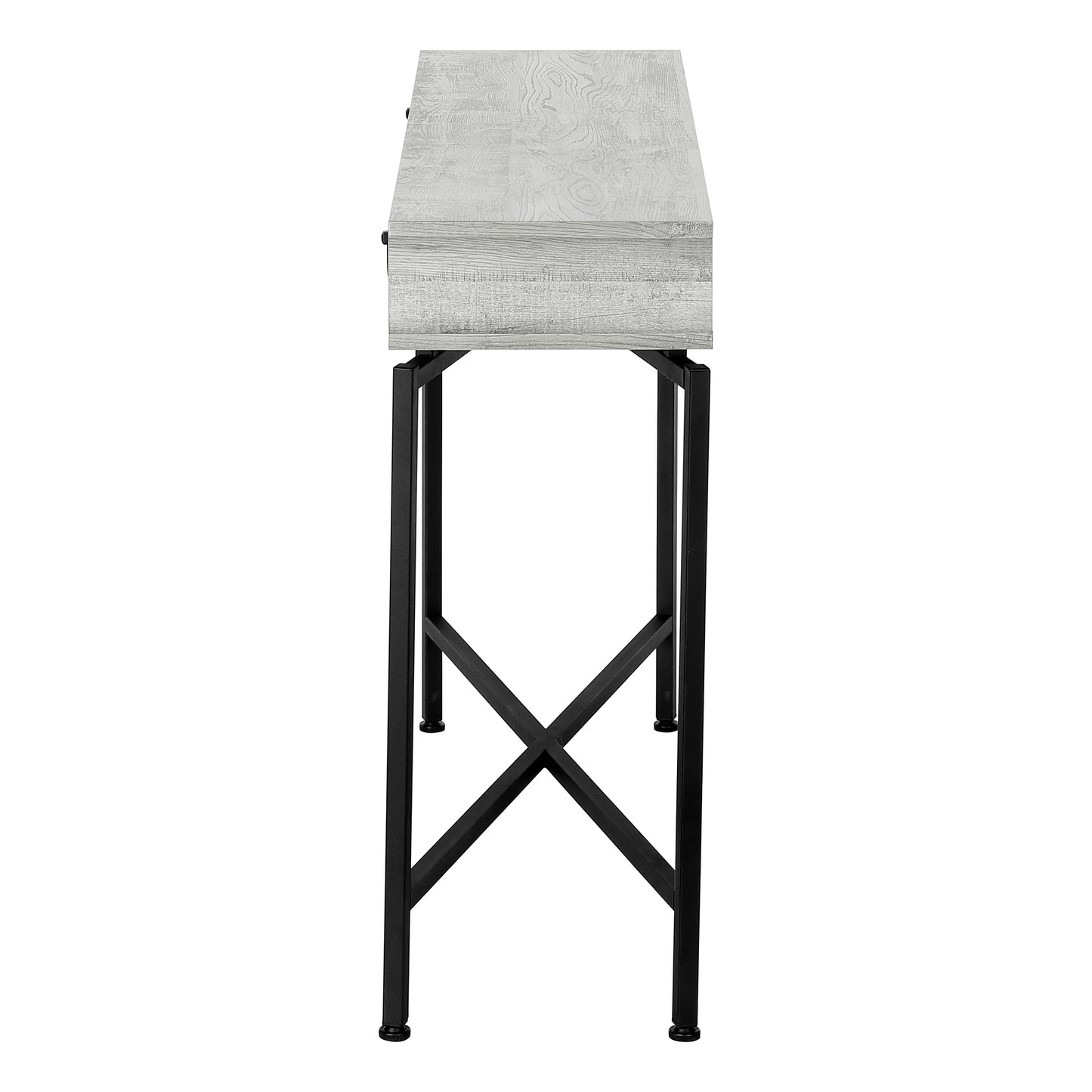 Rustic white wood grain console table with black metal frame one drawer and Xcross base