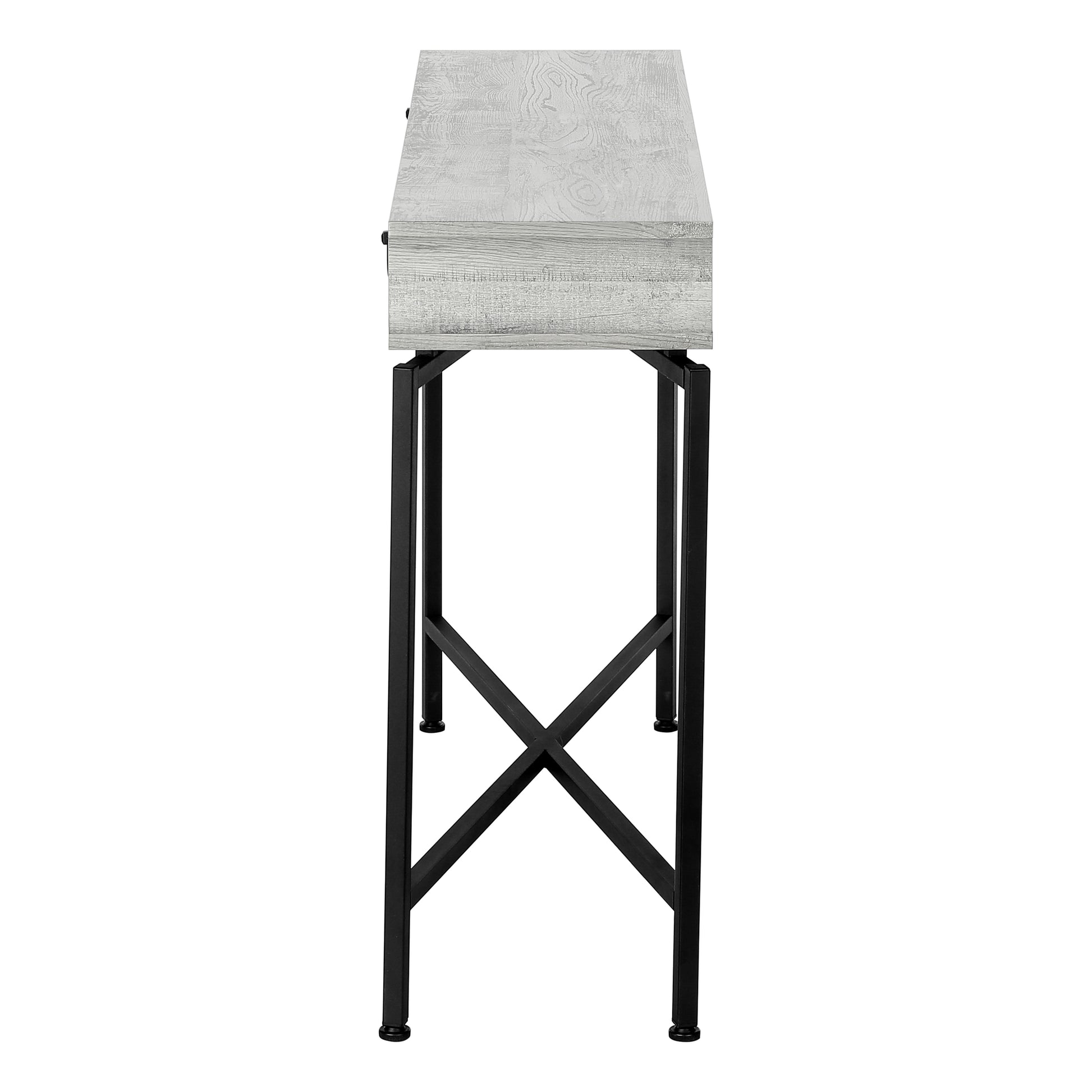 Rustic white wood grain console table with black metal frame one drawer and Xcross base