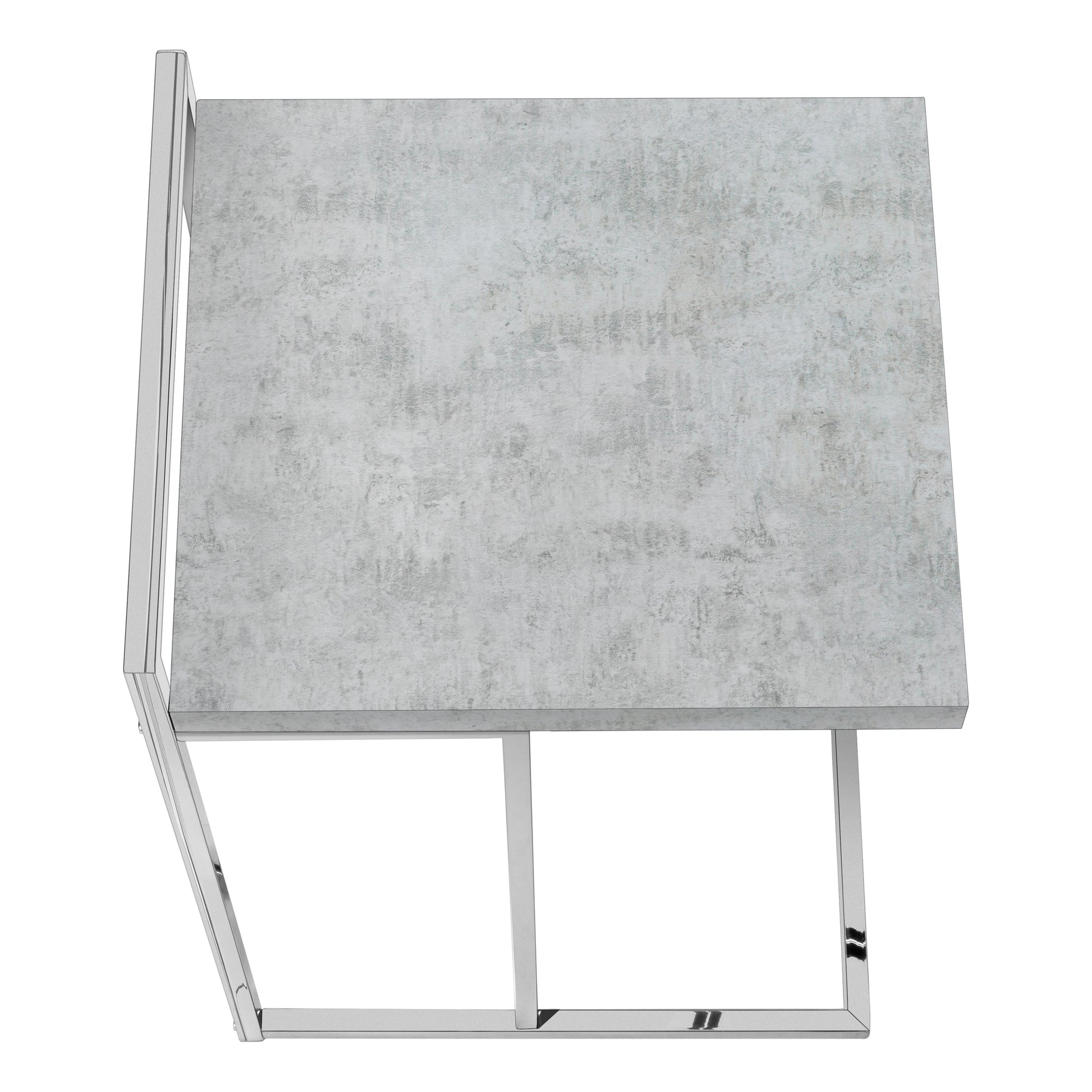 Minimalist concrete side table with a brushed chrome metal frame perfect for modern living rooms