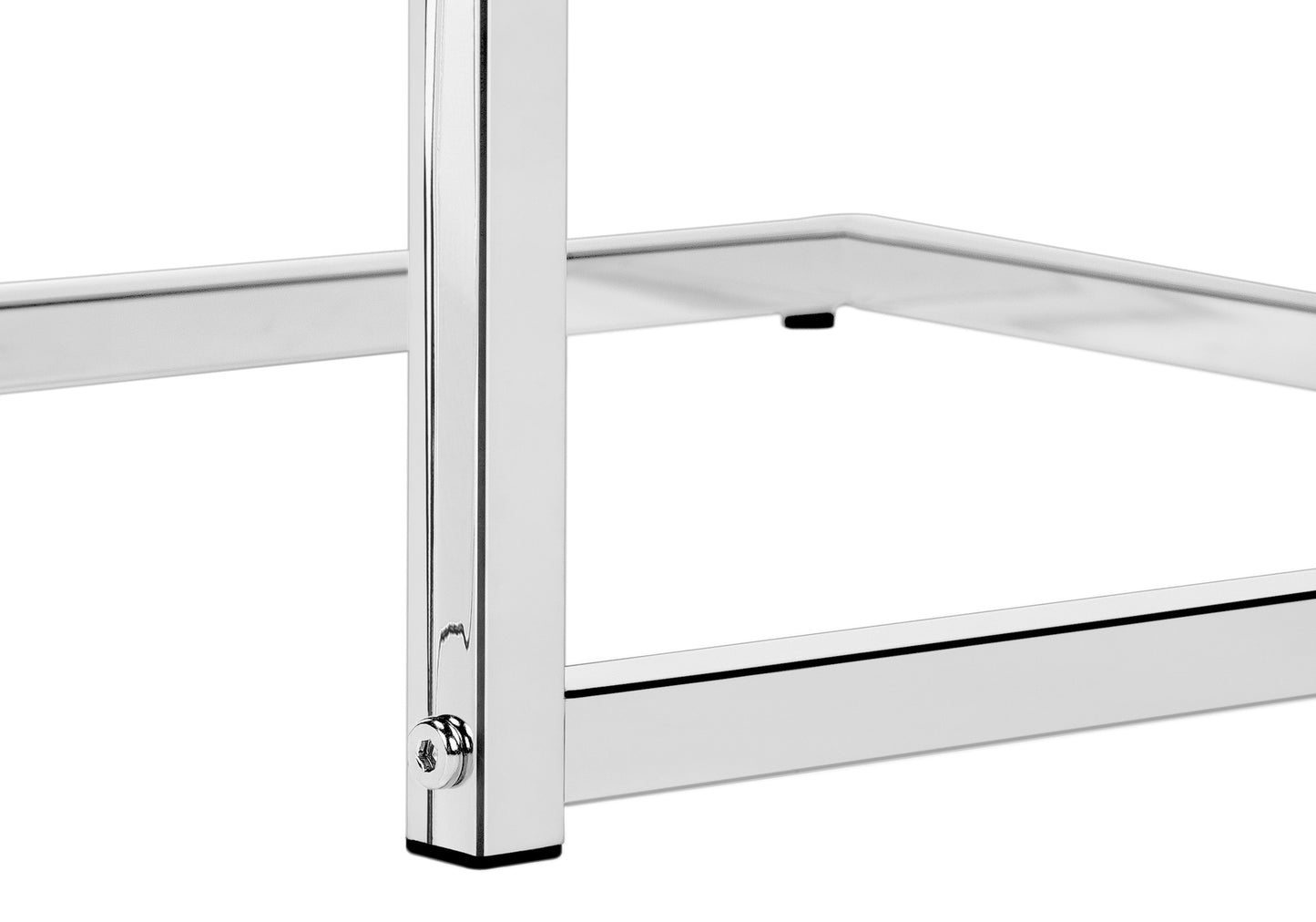 Polished chrome frame with a visible screw detail part of a modern furniture leg