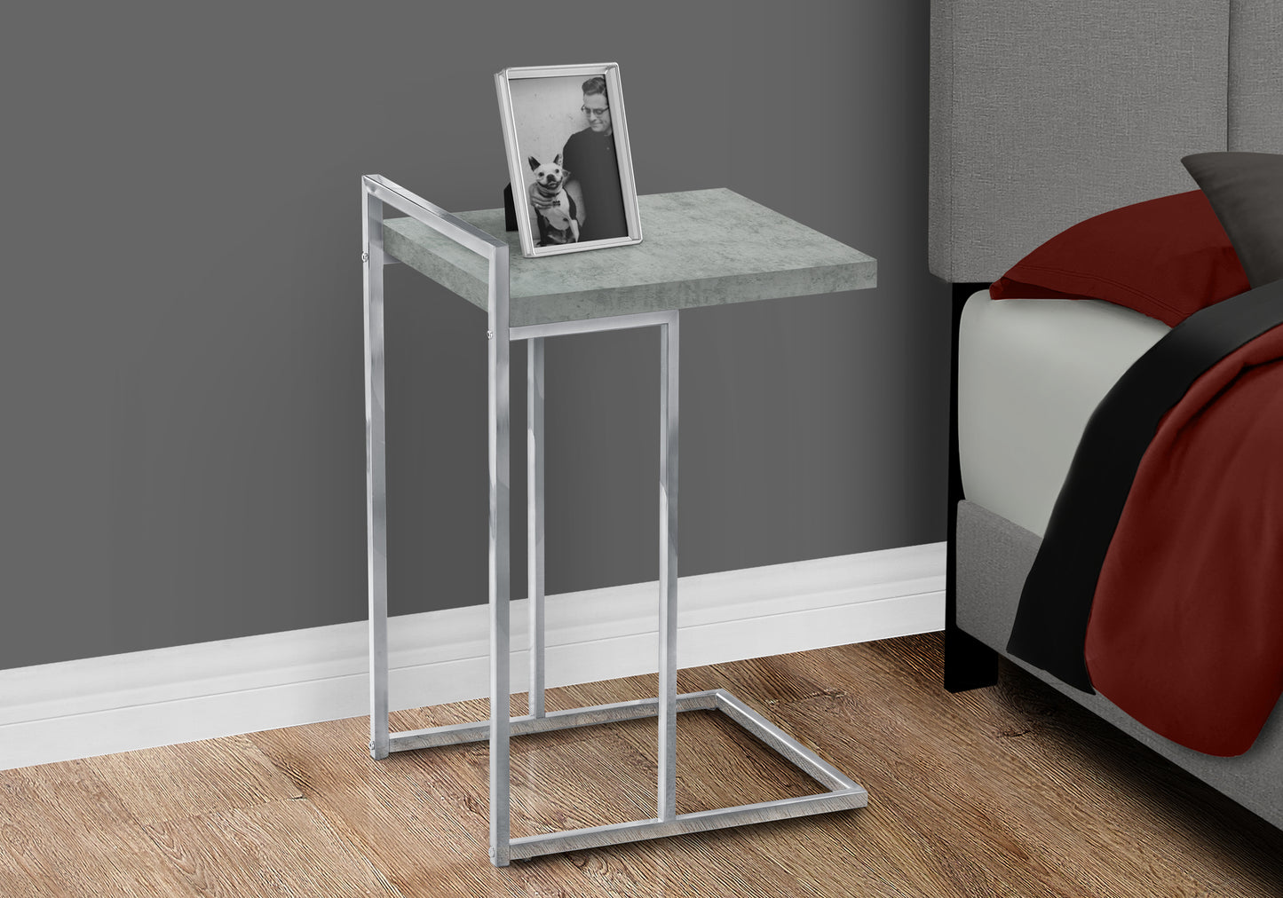 Modern Ctable with faux concrete top and chrome legs perfect for bedside use