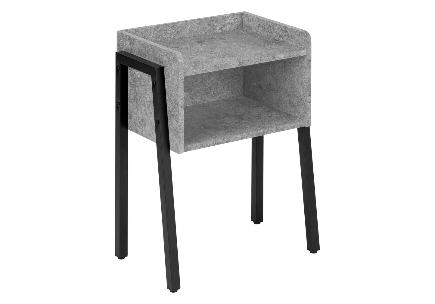 Gray concrete effect bedside table with black metal legs and open shelving