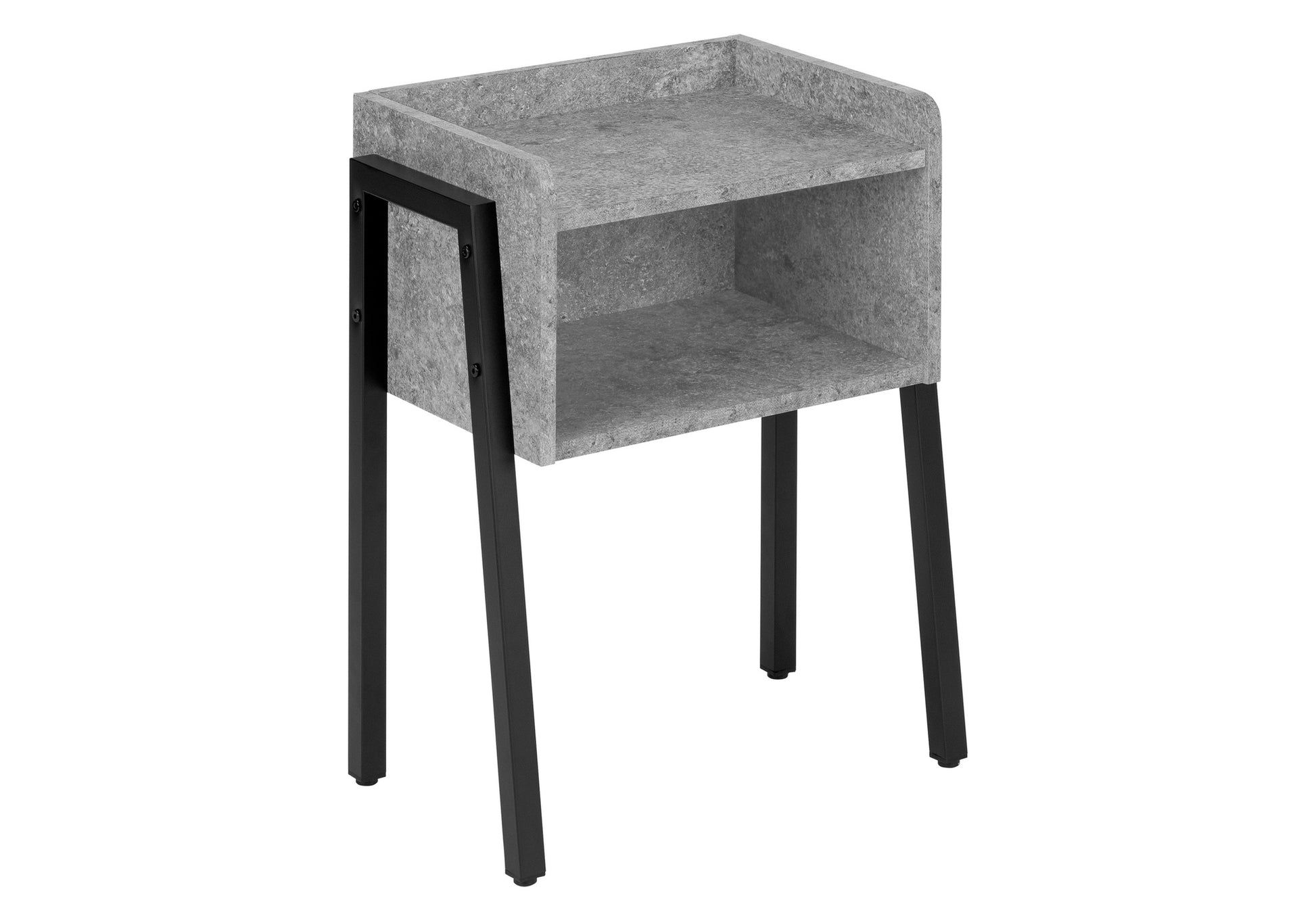 Gray concrete effect bedside table with black metal legs and open shelving