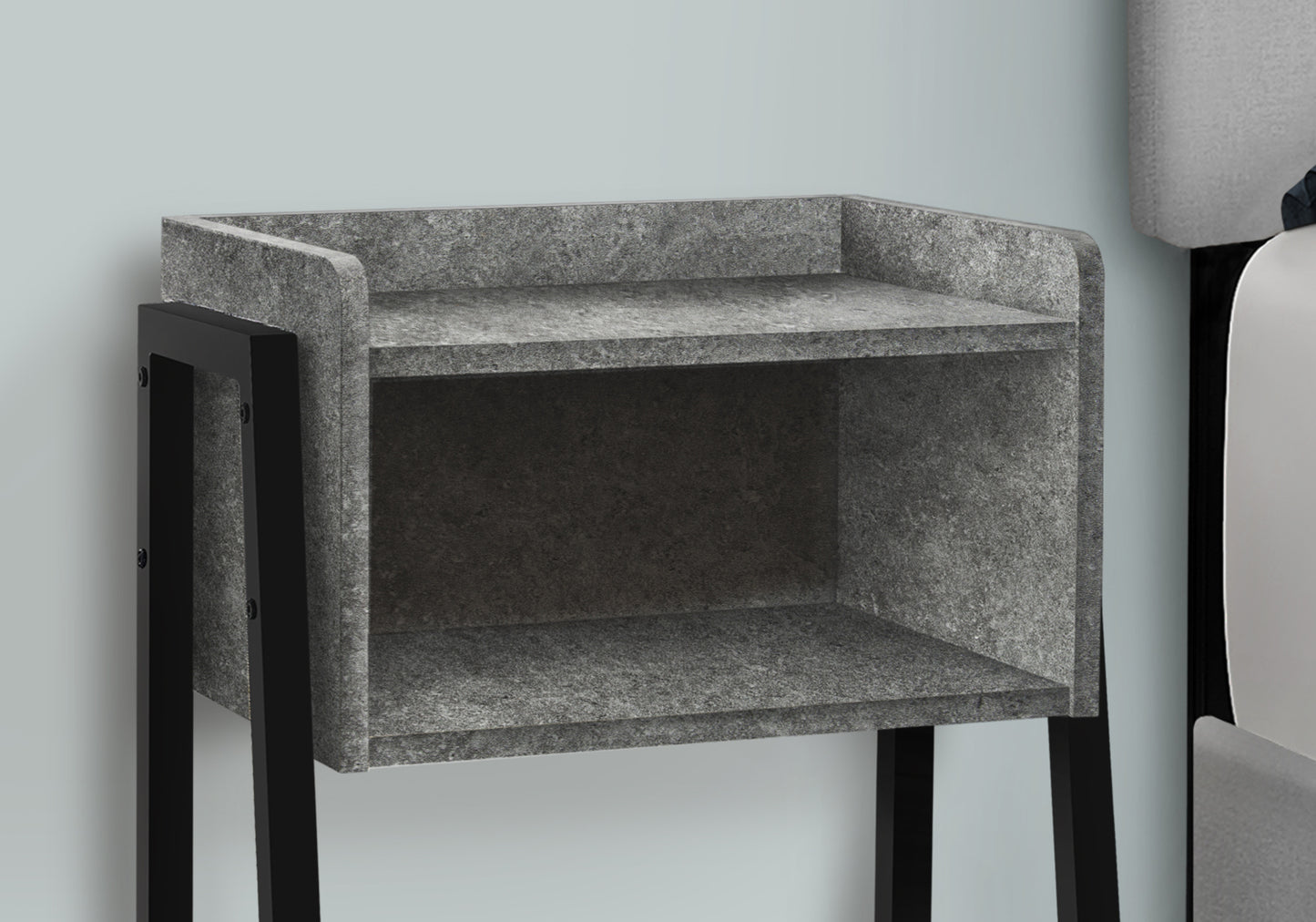 Grey textured modern nightstand with black metal legs