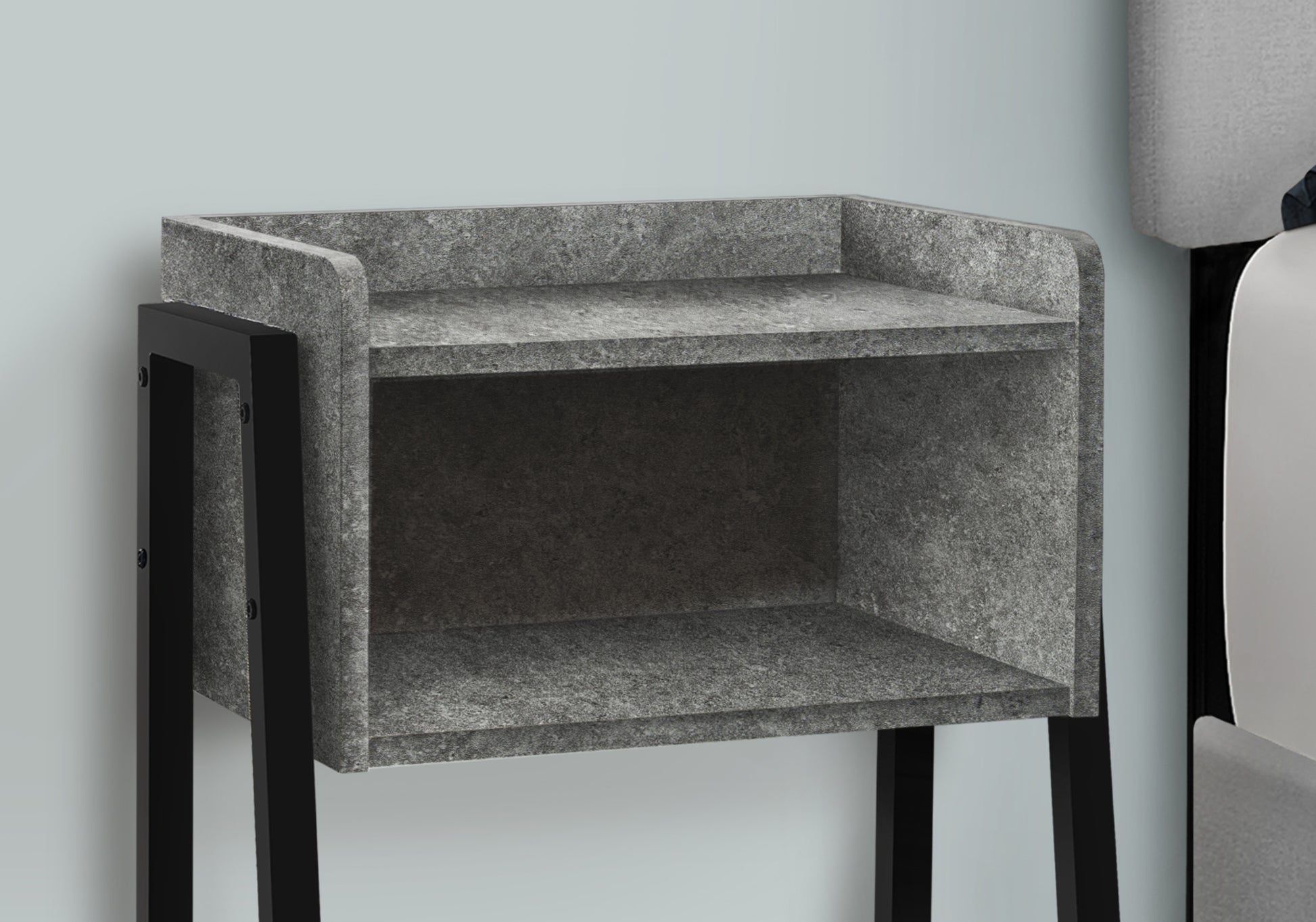 Grey textured modern nightstand with black metal legs