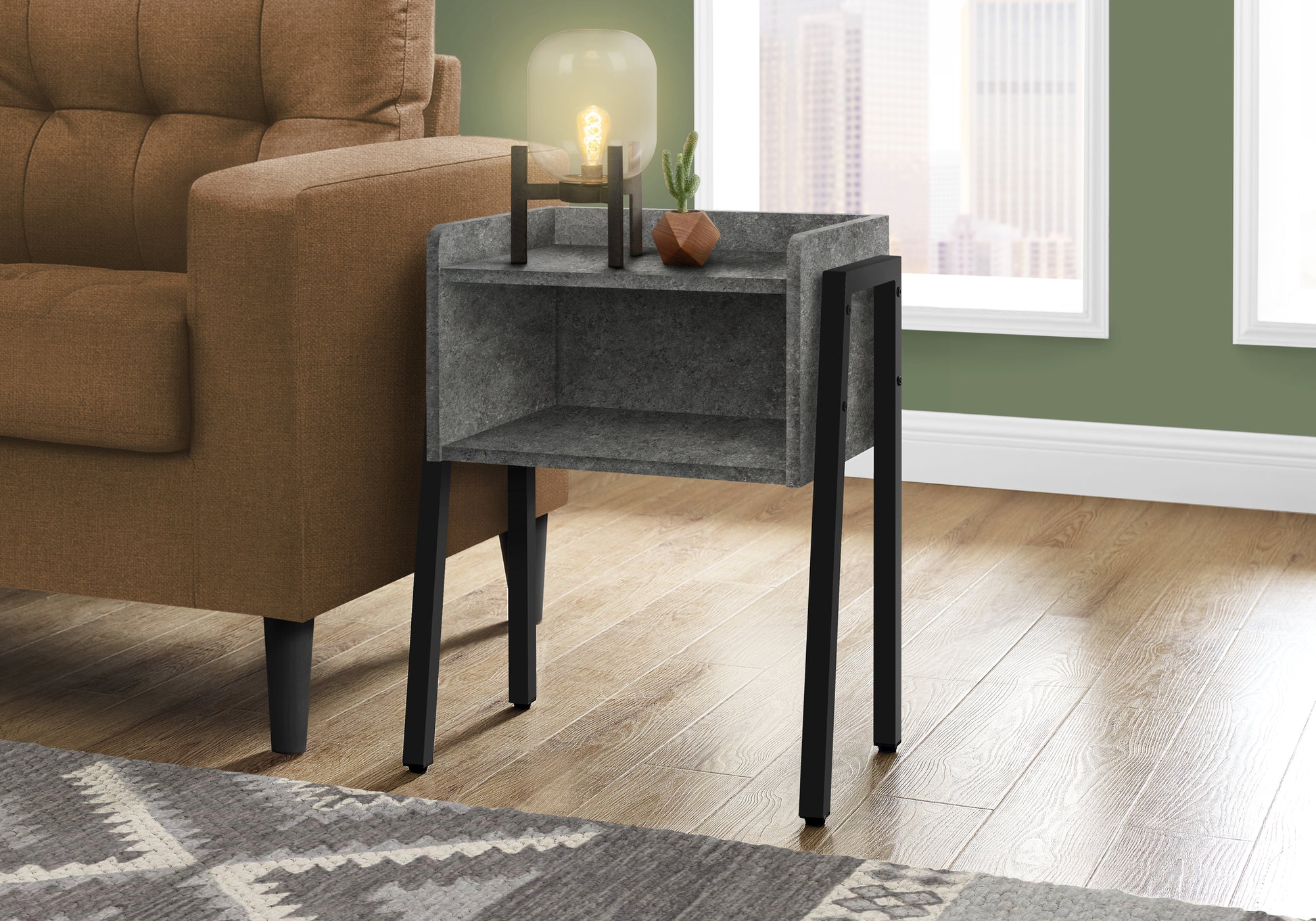Modern grey end table with black metal legs featuring two shelves for storage