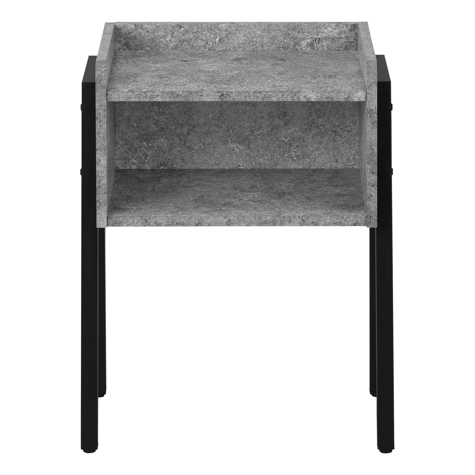 Gray concrete effect side table with black metal legs and two open shelves