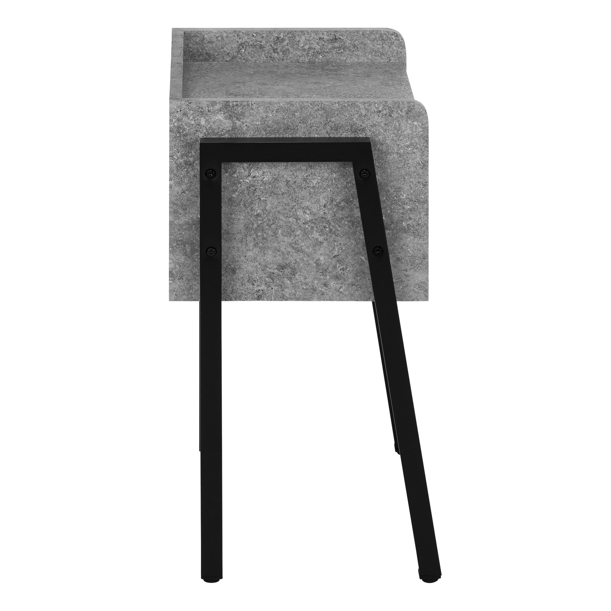 Modern gray faux marble nightstand with sleek black metal legs for stylish bedroom storage