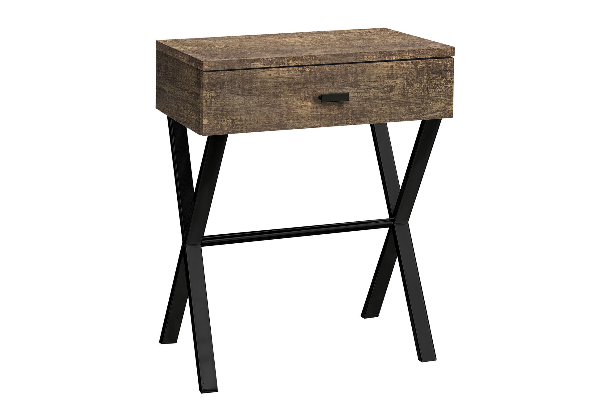 Rustic wood finish nightstand with one drawer and black Xframe legs
