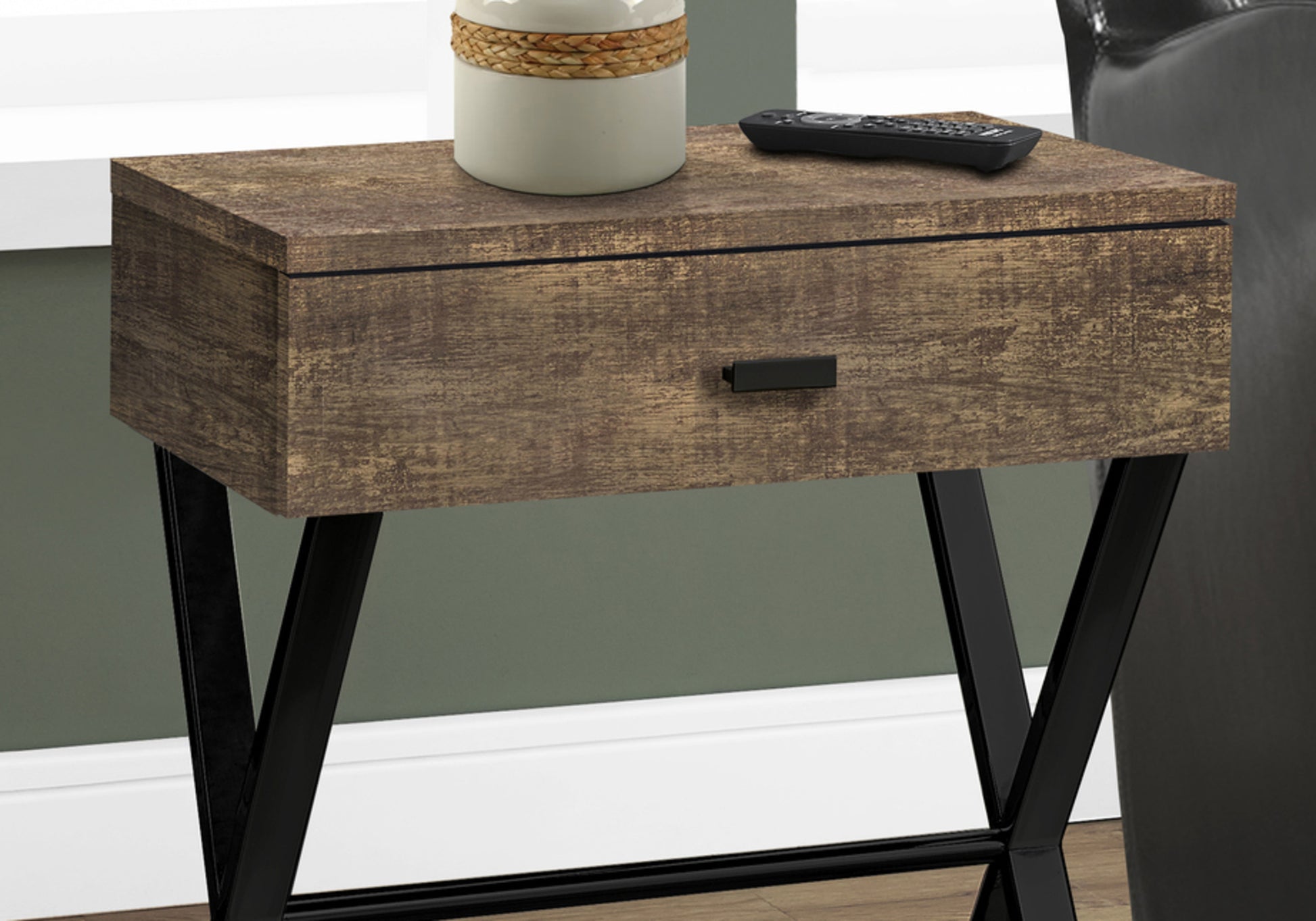 Rustic wood finish end table with one drawer and black metal legs