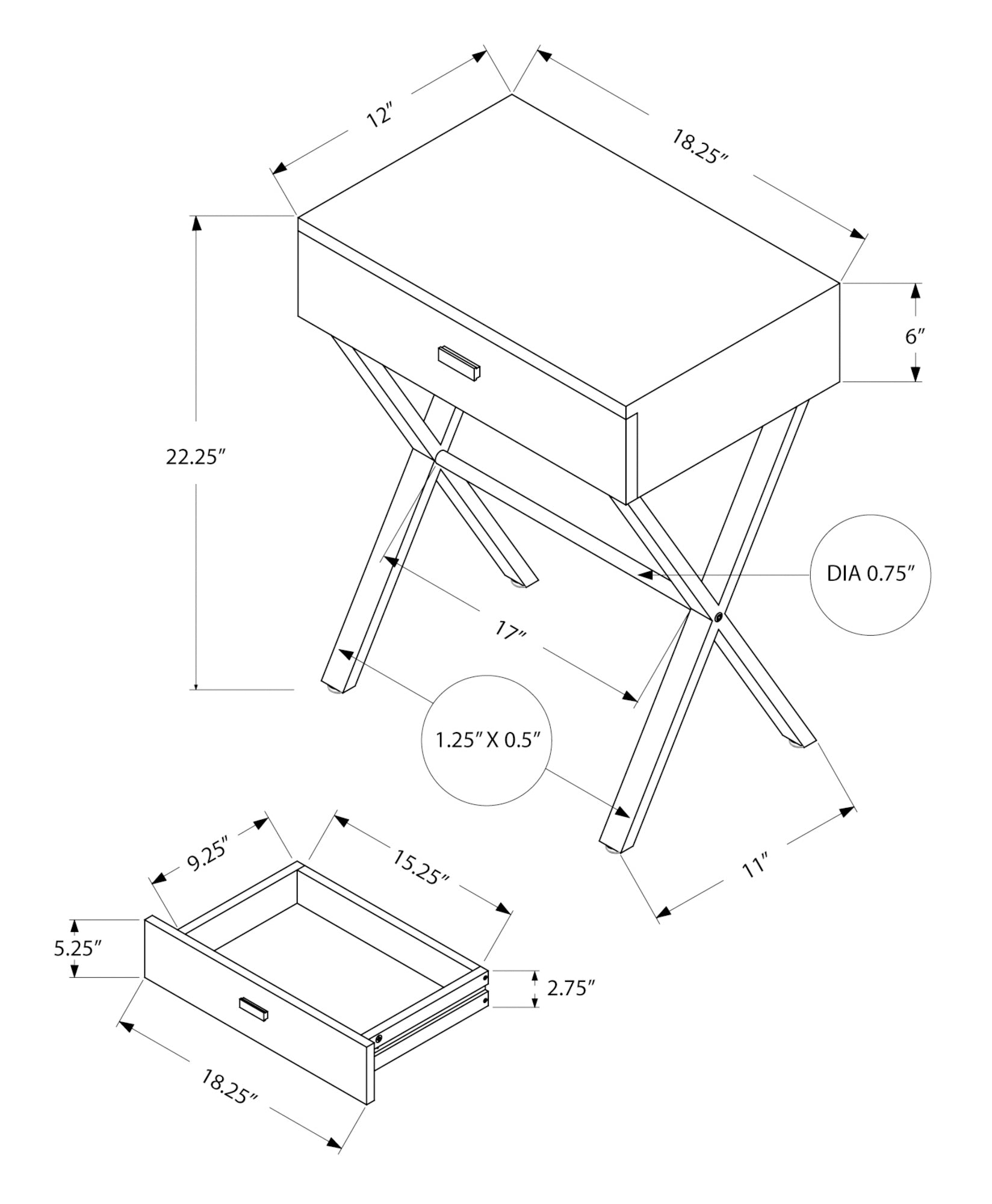 Technical drawing of a modern side table with Xshaped legs and one drawer
