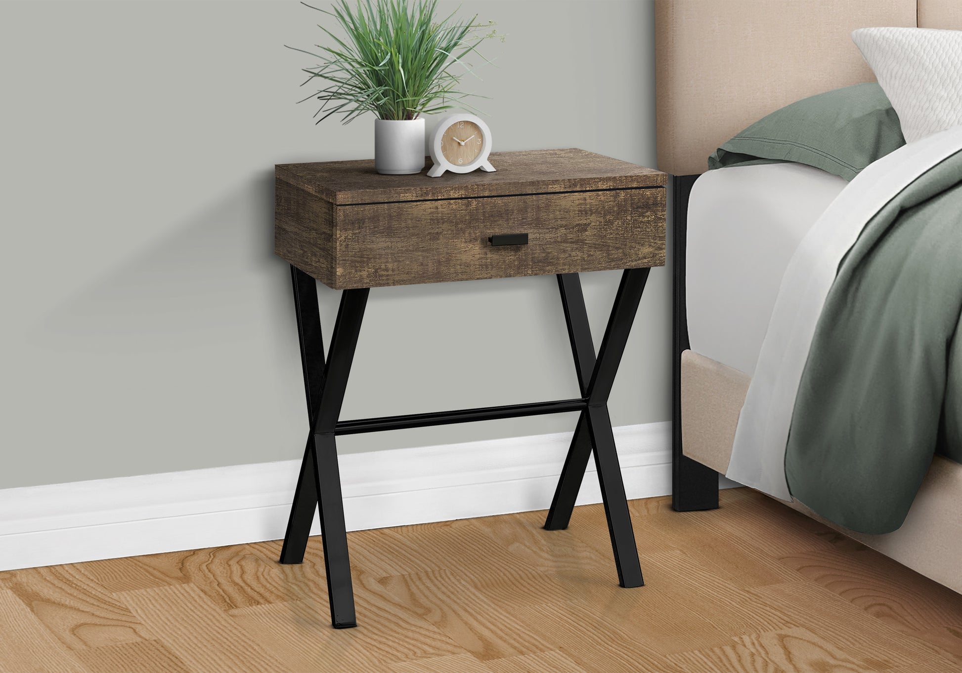 Rustic brown wood bedside table with black metal Xframe legs and one drawer