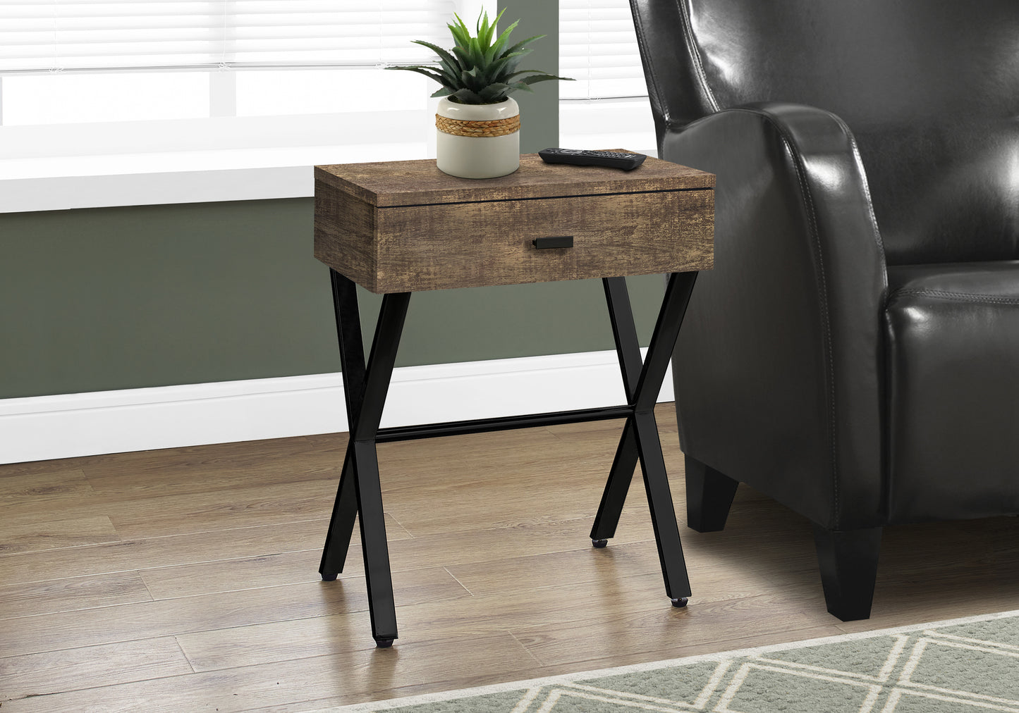 Rustic oak end table with single drawer and black metal legs