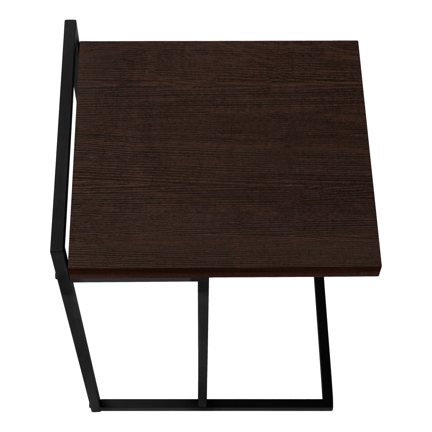 Dark wood finish top accent table with black metal legs modern design