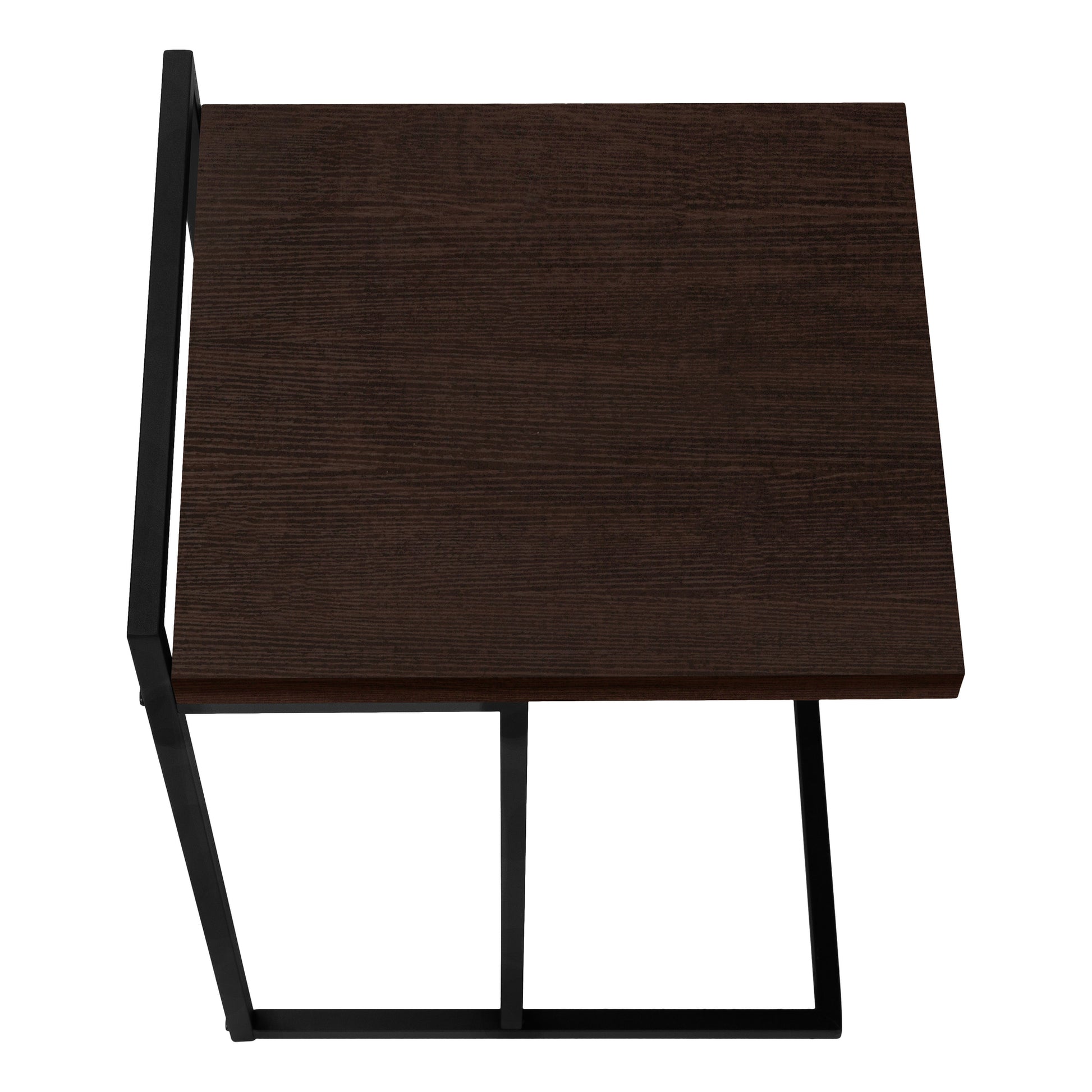 Dark wood finish top accent table with black metal legs modern design