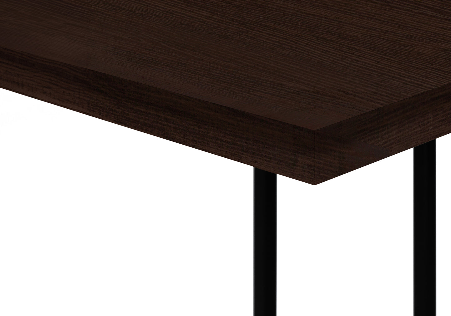 Dark wood grain table top with black metal legs