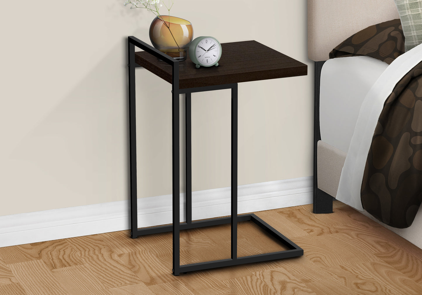 Dark wood C table with black metal frame perfect for bedside use