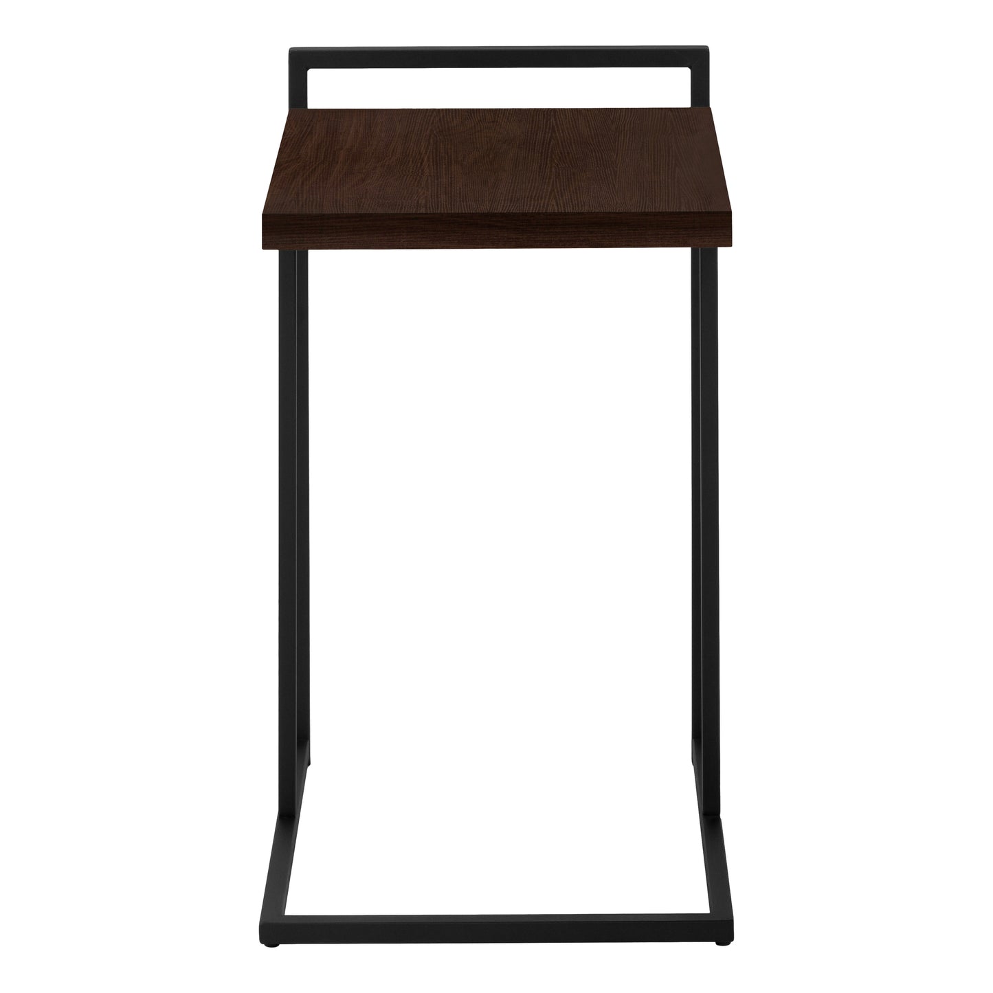 Modern Ctable with dark wood top and black metal frame perfect for small living rooms