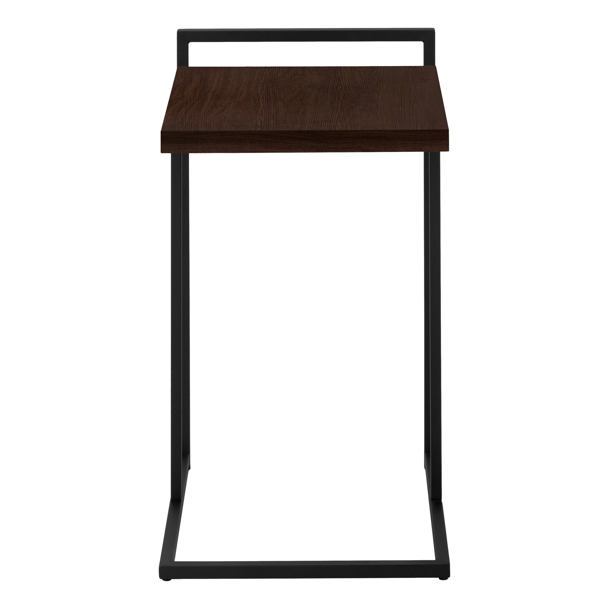 Modern Ctable with dark wood top and black metal frame perfect for small living rooms