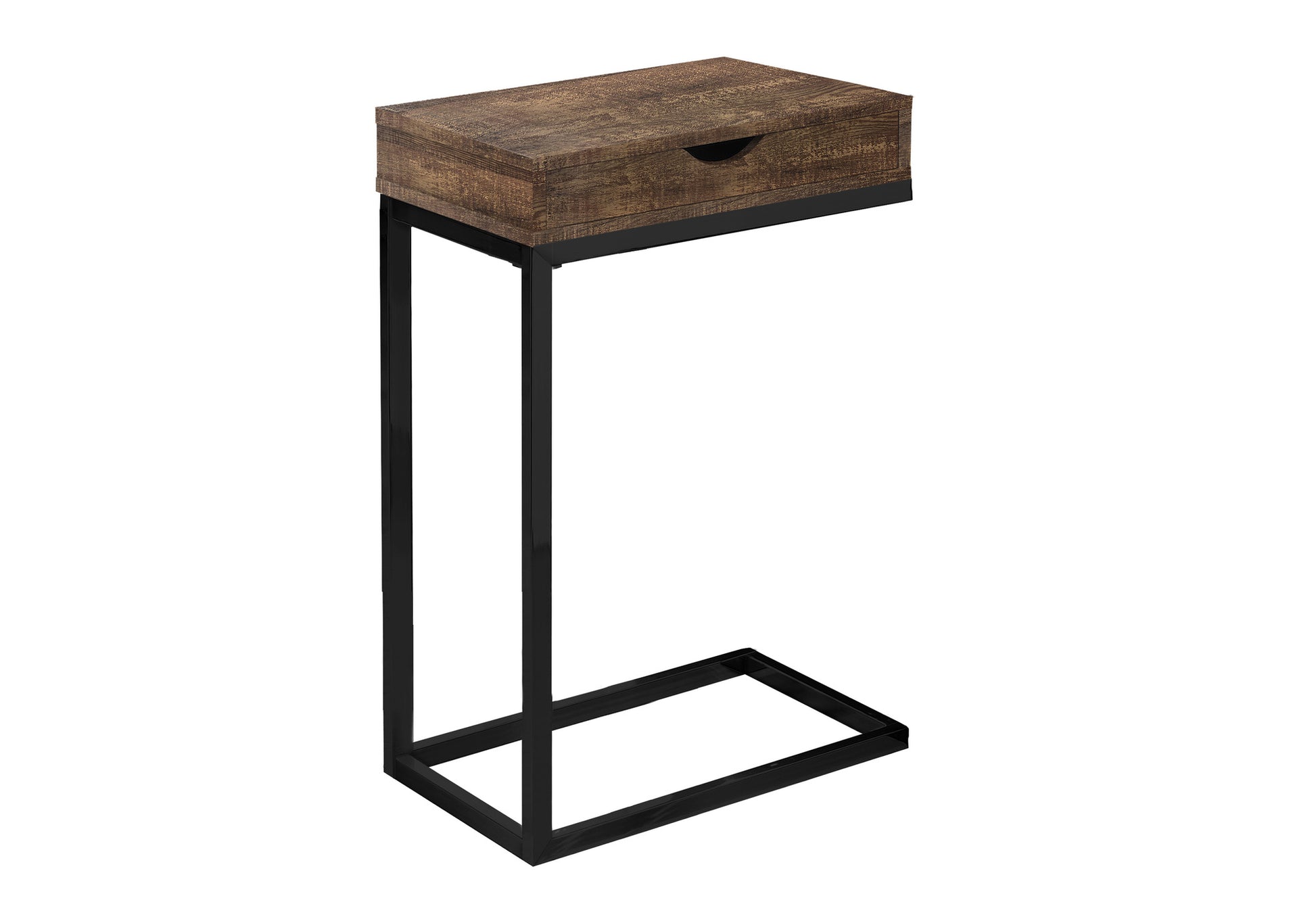Wooden top ctable with a black metal frame featuring a single drawer