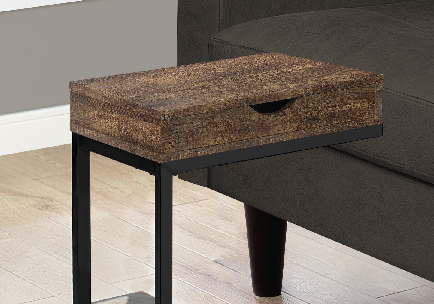 Rustic wood grain end table with black metal frame and a single drawer