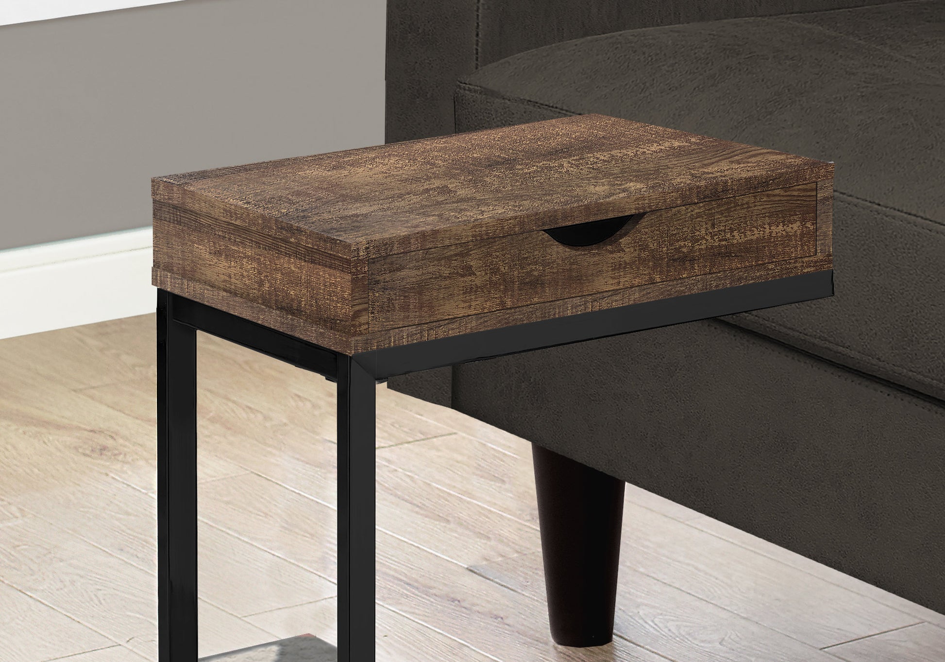 Rustic wood grain end table with black metal frame and a single drawer