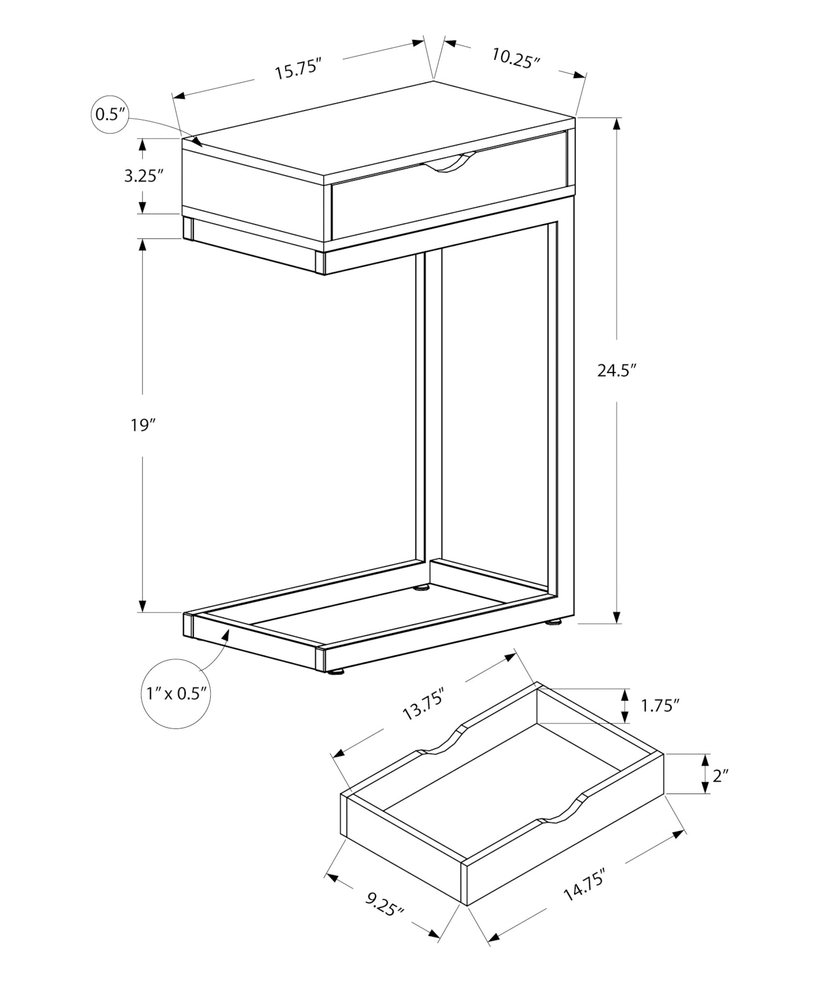 Technical drawing of a Cshaped side table with dimensions displayed