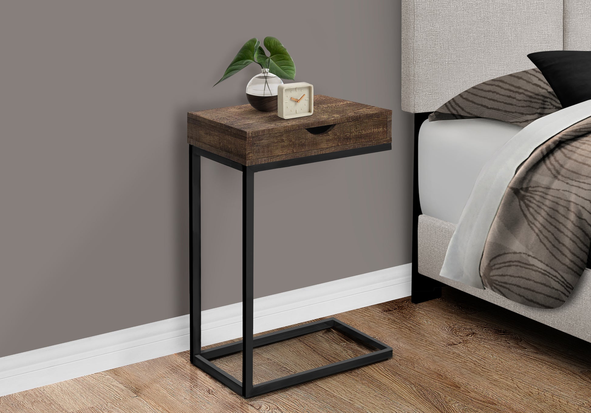 Rustic wood ctable with black metal frame and drawer perfect bedside accent table