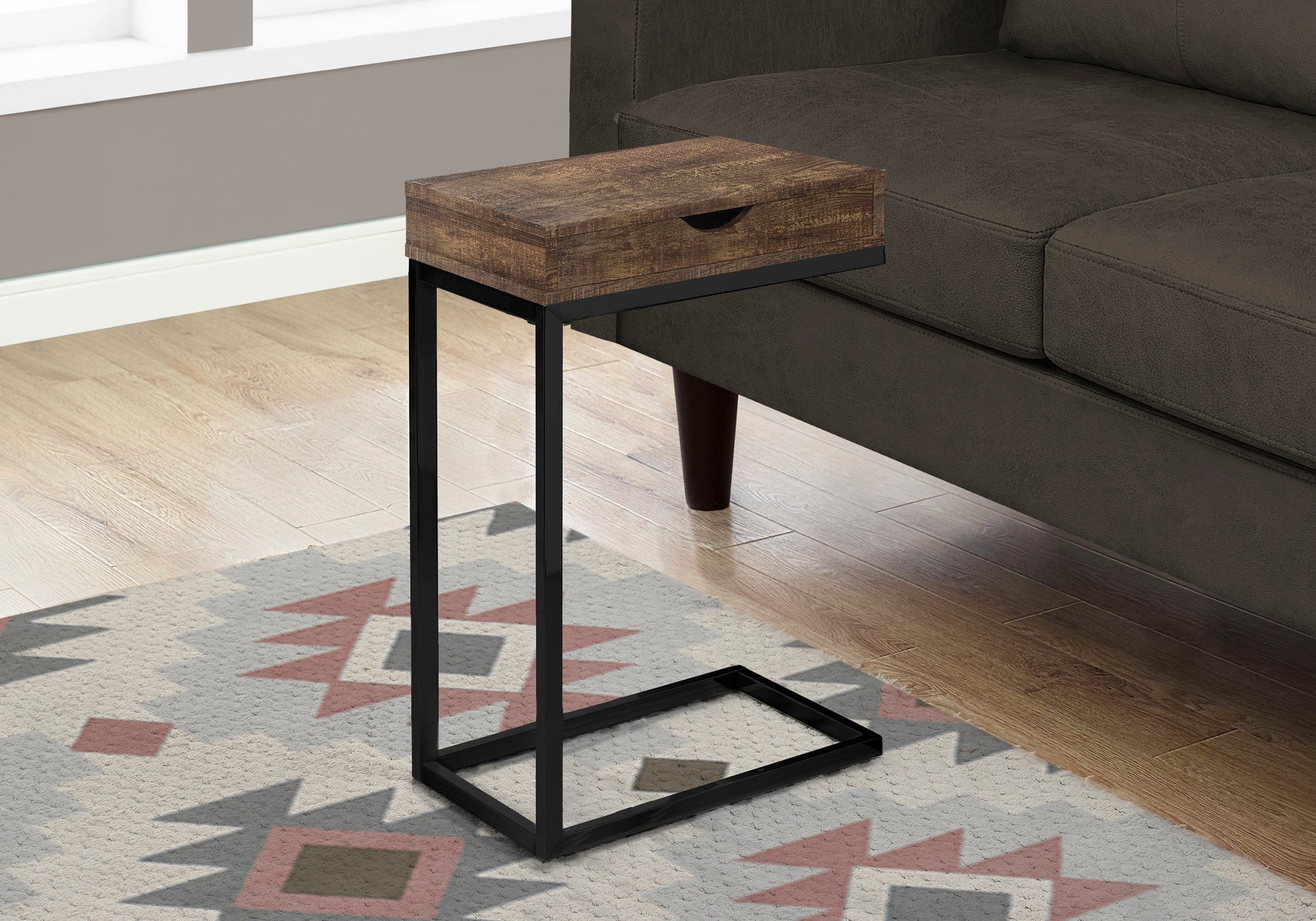 Rustic wood Ctable with black metal frame and single drawer for modern living rooms
