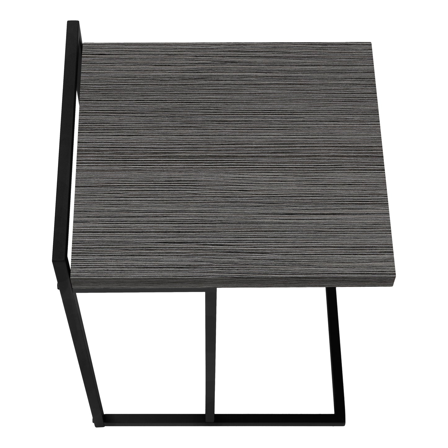 Modern black metal end table with grey wood grain textured top surface