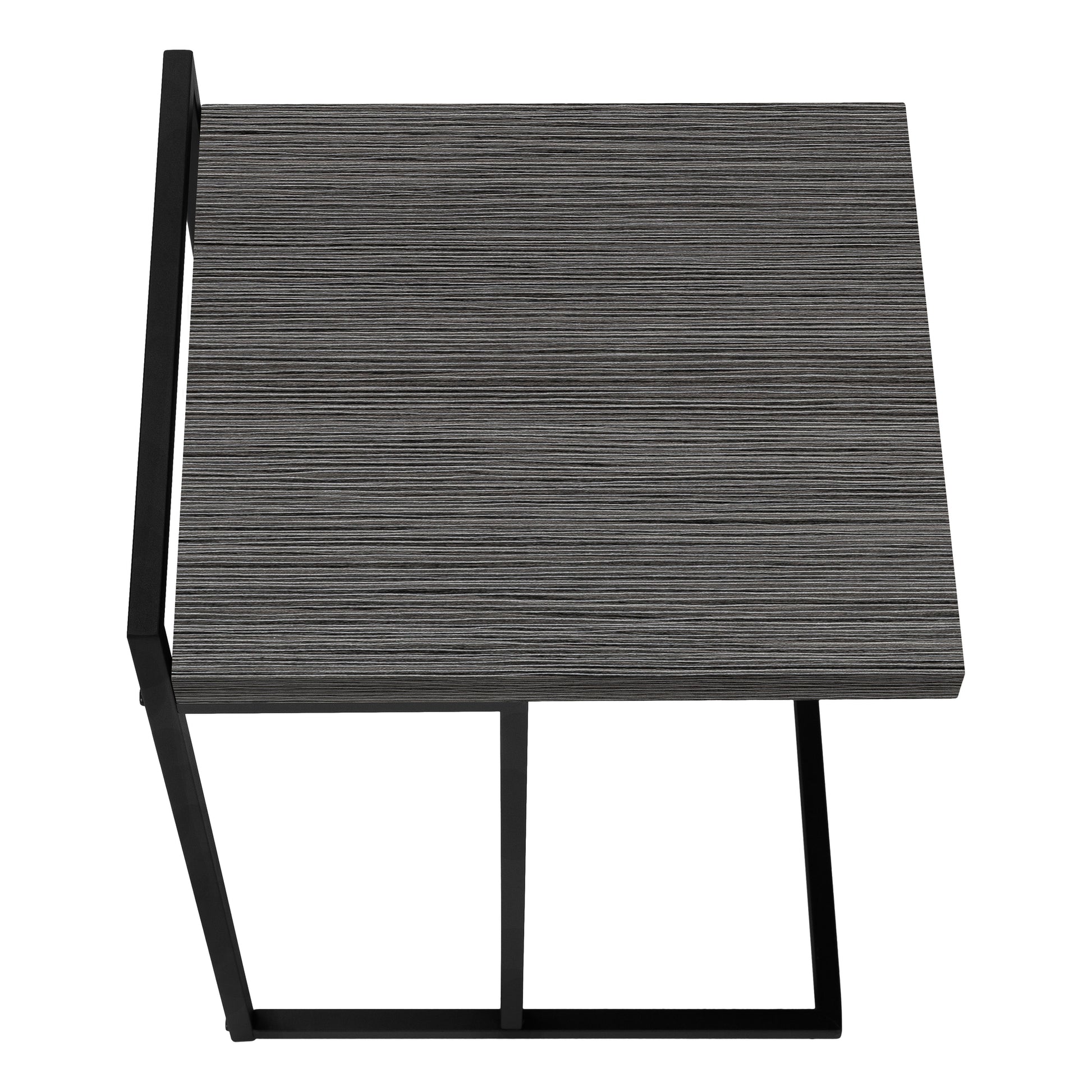 Modern black metal end table with grey wood grain textured top surface