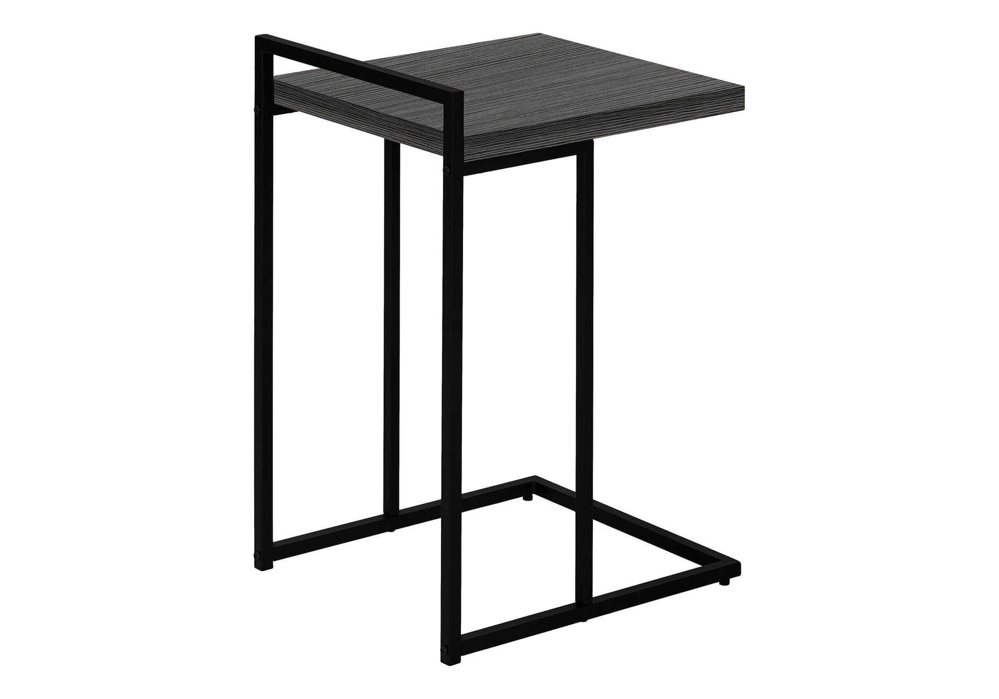 Modern Ctable with gray wood grain top and black metal frame perfect for living rooms