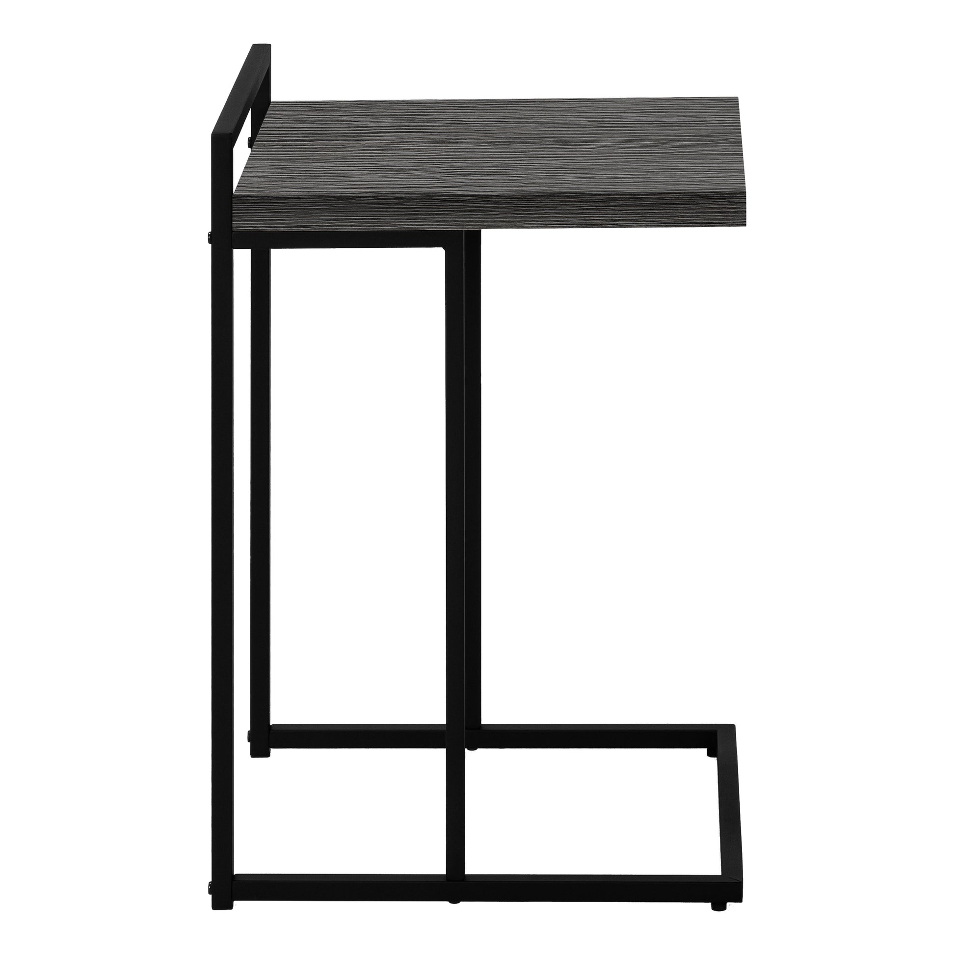 A black metal Ctable with a dark gray wood grain tabletop for convenient laptop use